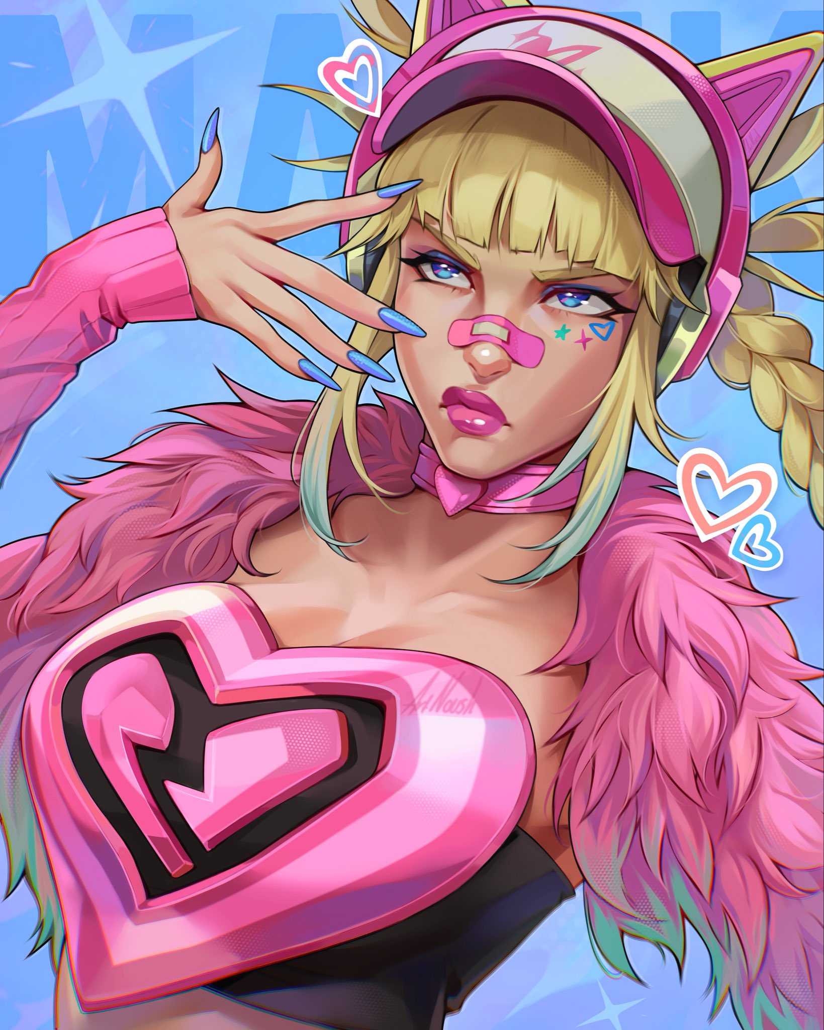 noush, magik (new millenia might) (x-men), magik (x-men), marvel, marvel rivals, x-men, commentary, english commentary, highres, 1girl, animal ear headphones, animal ears, annoyed, bandaid, bandaid on face, bandaid on nose, blonde hair, blue background, blue eyes, blue eyeshadow, blue nails, blunt bangs, braid, breasts, cat ear headphones, cat ears, choker, cleavage, eyeshadow, facial mark, fake animal ears, fur jacket, hat, headphones, heart, jacket, looking up, low twin braids, makeup, official alternate costume, pink choker, pink hat, pink jacket, pink lips, solo, sparkle, twin braids, upper body, y2k fashion