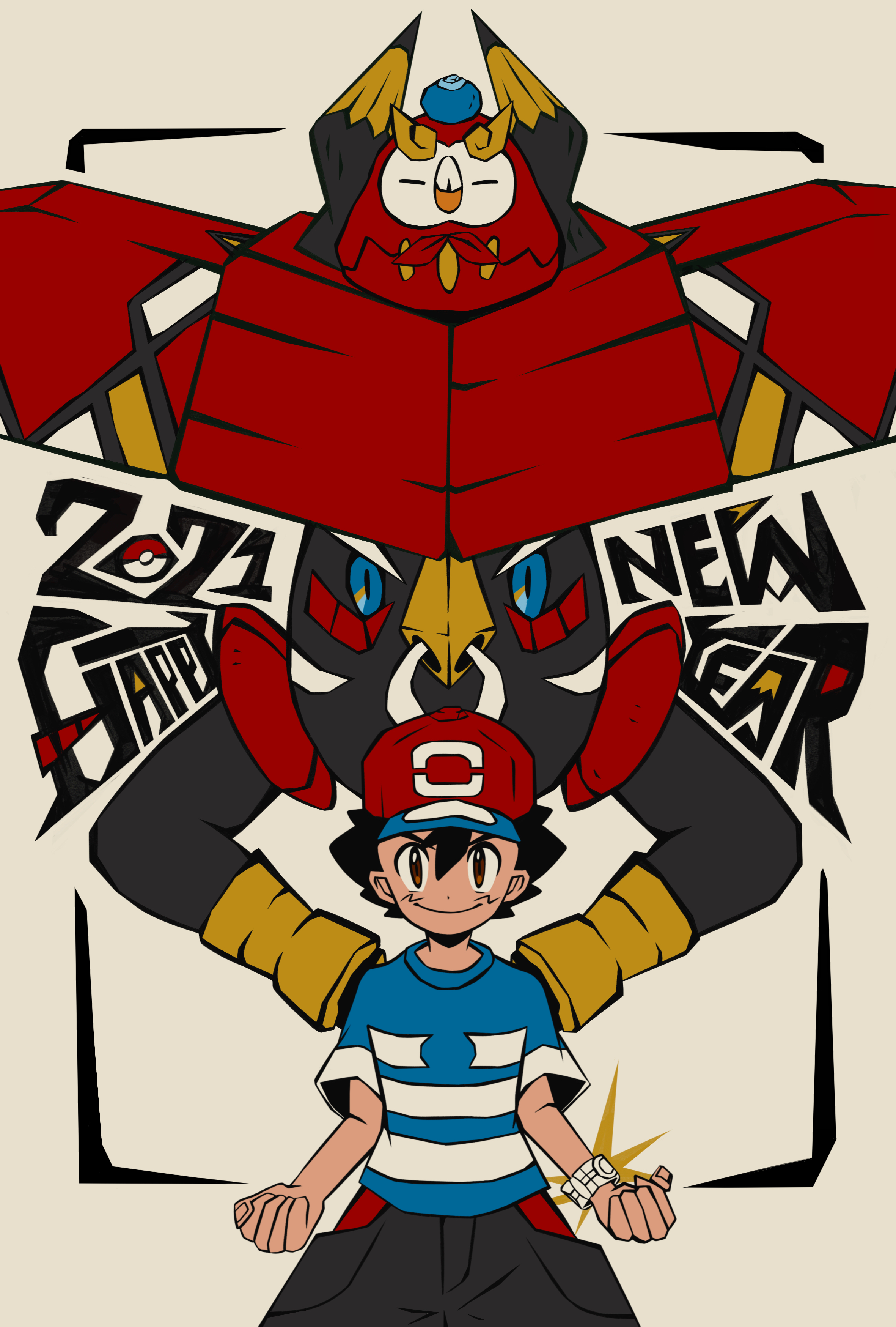 ottoyamaotoko8, ash ketchum, darumaka, rowlet, tapu bulu, nintendo, pokemon, pokemon (anime), pokemon sm (anime), absurdres, commentary request, highres, 1boy, 2021, = =, baseball cap, berry (pokemon), black hair, black shorts, blue eyes, blue shirt, bracelet, brown eyes, closed eyes, closed mouth, cosplay, darumaka (cosplay), english text, face piercing, food, food on head, fruit, fruit on head, gen 5 pokemon, gen 7 pokemon, happy new year, hat, horns, jewelry, legendary pokemon, male focus, new year, nose piercing, nose ring, nostrils, object on head, on head, oran berry, piercing, poke ball, poke ball (basic), pokemon (creature), pokemon on head, red hat, shirt, short hair, short sleeves, shorts, simple background, sleeping, smile, spiked hair, t-shirt, v-shaped eyebrows, z-ring