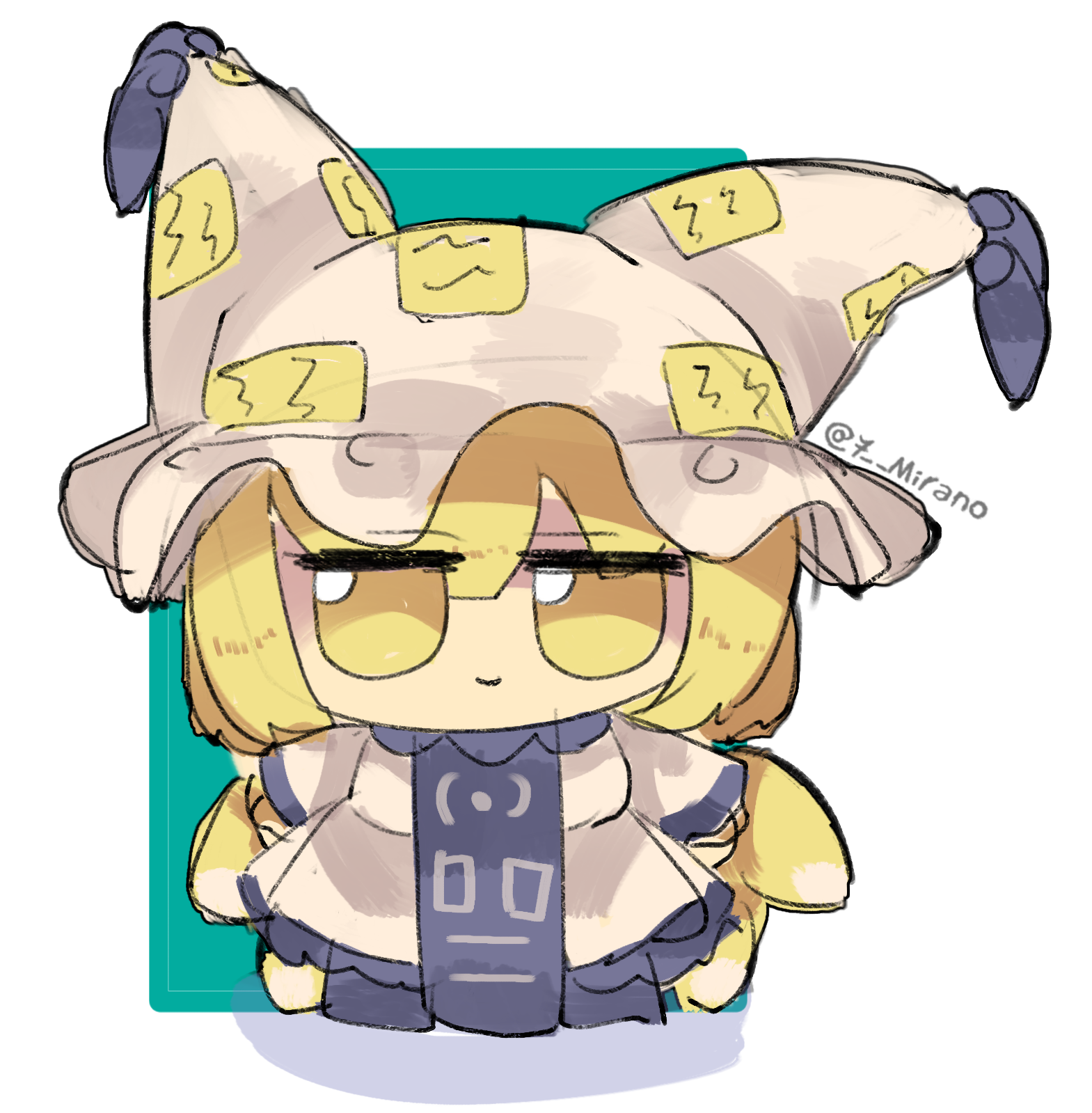 7-mirano, yakumo ran, touhou, highres, 1girl, blonde hair, chibi, chibi only, closed mouth, dress, full body, fumo (doll), hat, jitome, simple background, smile, solo, twitter username, white dress, white hat, yellow eyes