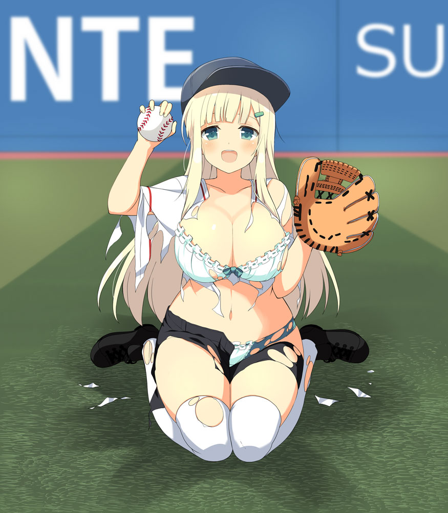 yomi (senran kagura), senran kagura, senran kagura new wave, senran kagura shoujo-tachi no shin'ei, non-web source, official art, 1girl, :d, aqua eyes, ball, baseball, baseball (object), baseball cap, baseball field, baseball glove, baseball uniform, black shoes, black shorts, blonde hair, blurry, blush, bra, breasts, cleavage, collarbone, depth of field, frilled bra, frilled panties, frills, grass, green hair ornament, hair ornament, hairclip, hat, holding, holding ball, large breasts, linea alba, long hair, looking at viewer, navel, open mouth, panties, red trim, ribbon-trimmed bra, ribbon-trimmed panties, ribbon trim, shirt, shoes, shorts, smile, solo, sportswear, teeth, thighhighs, tongue, torn clothes, torn shirt, torn shorts, torn thighhighs, underwear, upper teeth only, white bra, white panties, white shirt, white thighhighs
