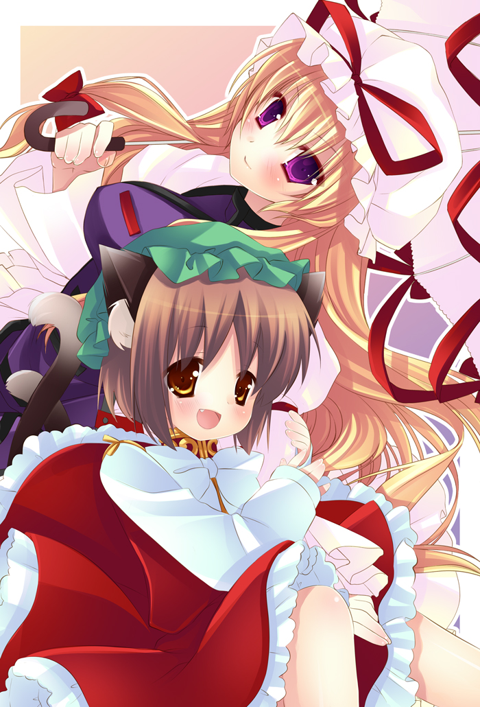 natsume eri, chen, yakumo yukari, touhou, 2girls, animal ears, blonde hair, brown hair, cat ears, cat girl, cat tail, female focus, hat, long hair, multiple girls, multiple tails, purple eyes, short hair, tail, umbrella