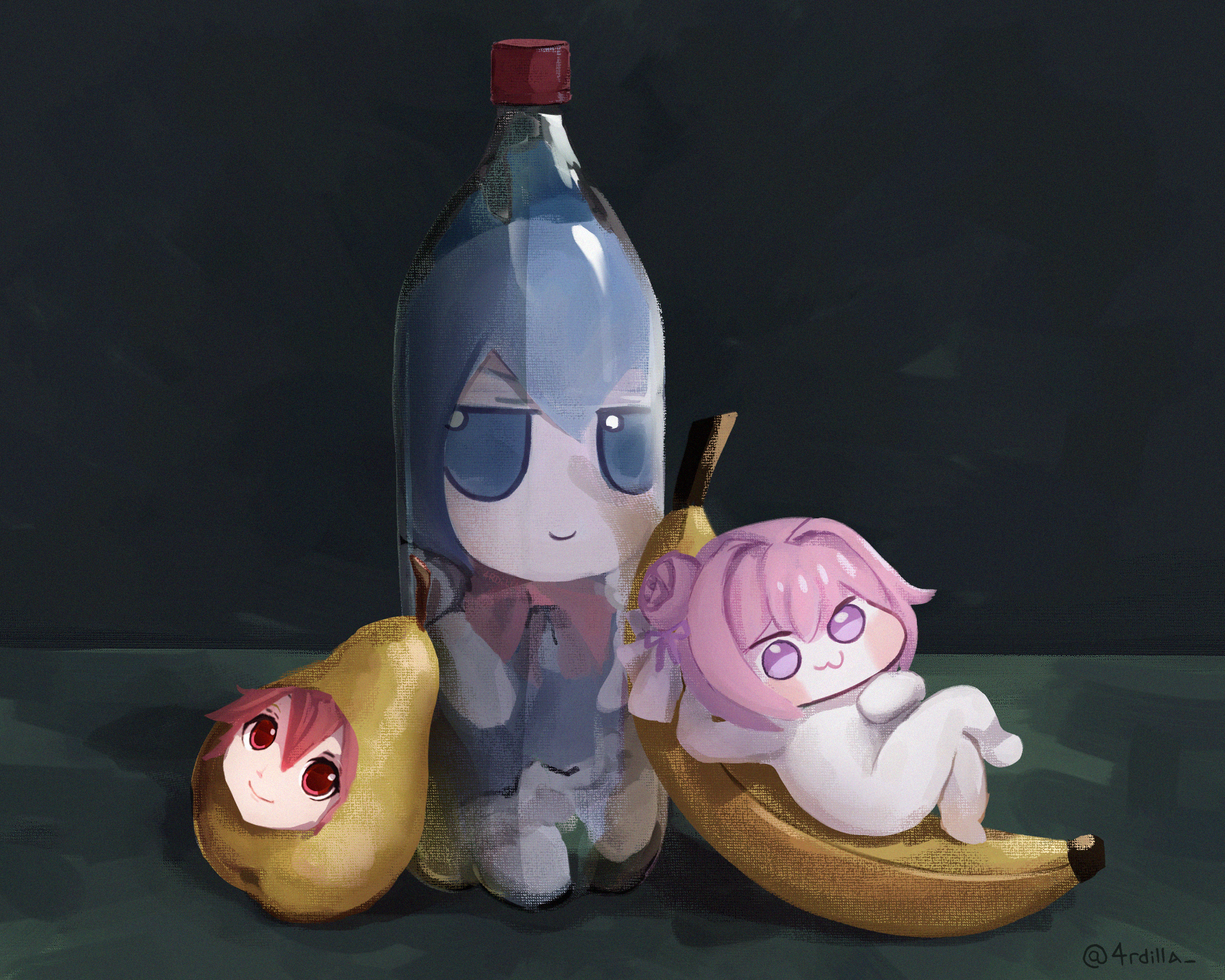 4rdilla, cirno, doro (nikke), kasane teto, pearto, goddess of victory: nikke, touhou, commentary, english commentary, highres, 3girls, :3, arm behind head, banana, blue eyes, blue hair, blush, bottle, closed mouth, food, fruit, fumo (doll), in bottle, in container, jitome, meme, multiple girls, on banana, pear, pink hair, plastic bottle, purple eyes, red eyes, red hair, sitting, smile, still life, twitter username