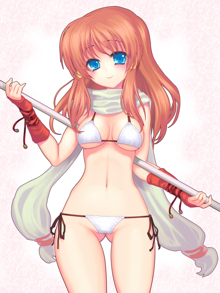 coffee cat, mist (fire emblem), mist (radiant dawn) (fire emblem), fire emblem, fire emblem: path of radiance, fire emblem: radiant dawn, nintendo, 1girl, bikini, blue eyes, breasts, brown hair, female focus, gluteal fold, hair tubes, head tilt, long hair, looking at viewer, navel, orange hair, scarf, side-tie bikini bottom, simple background, smile, solo, staff, string bikini, swimsuit, underboob, white bikini