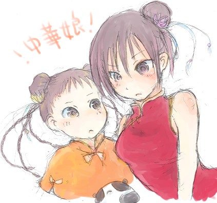 lan fan, may chang, fullmetal alchemist, lowres, 00s, 2girls, animal, bow, braid, brown eyes, brown hair, china dress, chinese clothes, double bun, dress, female focus, hair bun, multiple girls, orange shirt, panda, red shirt, shirt, simple background