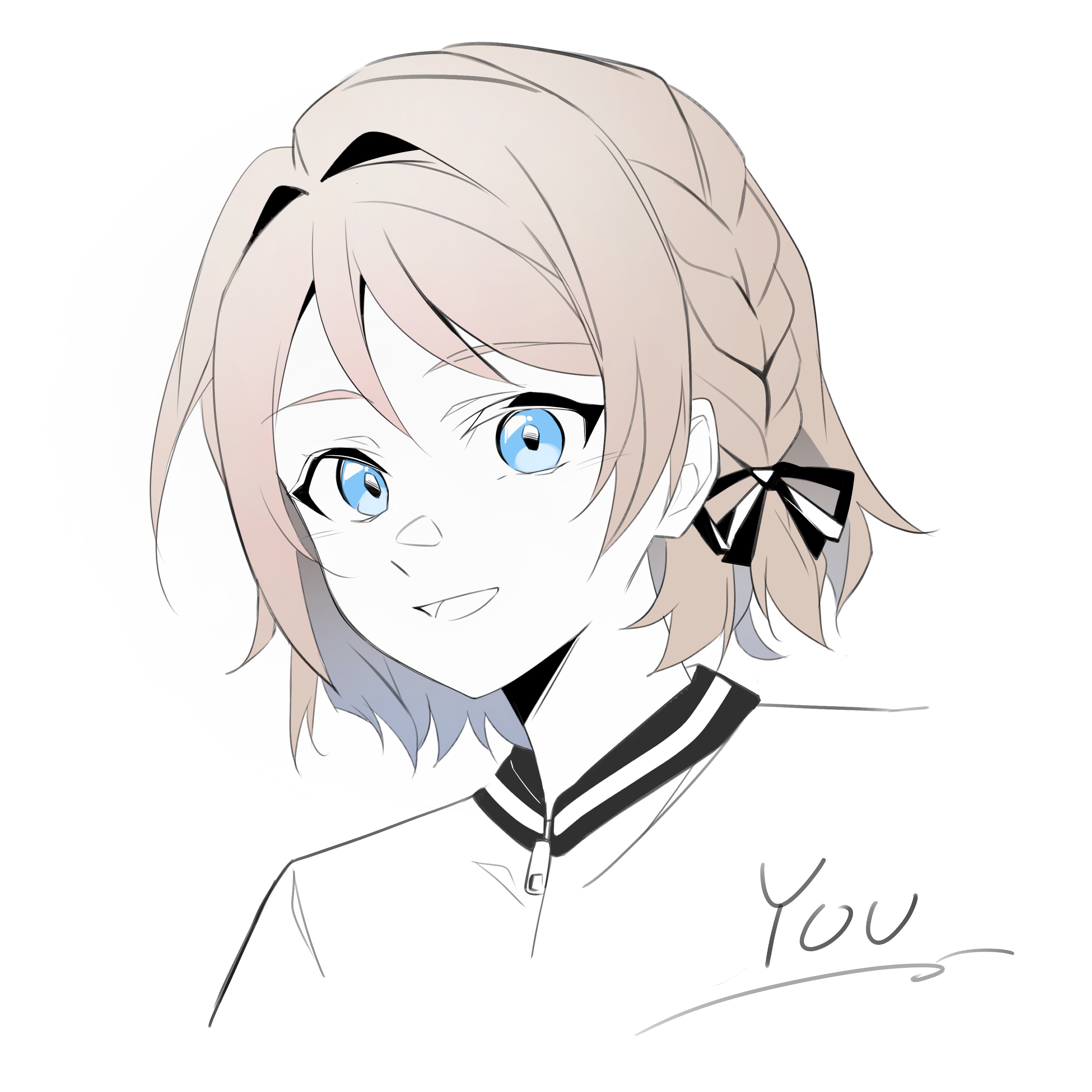 watanabe you, love live!, love live! sunshine!!, 1girl, blue eyes, brown hair, collared jacket, grey hair, jacket, open mouth, short hair, simple background, smile, solo, upper body, white background