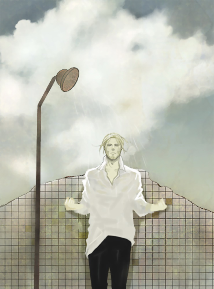 van hohenheim, fullmetal alchemist, shower, wall, 00s, 1boy, beard, black pants, blonde hair, broken, closed eyes, cloud, facial hair, male focus, pants, ruins, shirt, sky, solo, tiles, white shirt