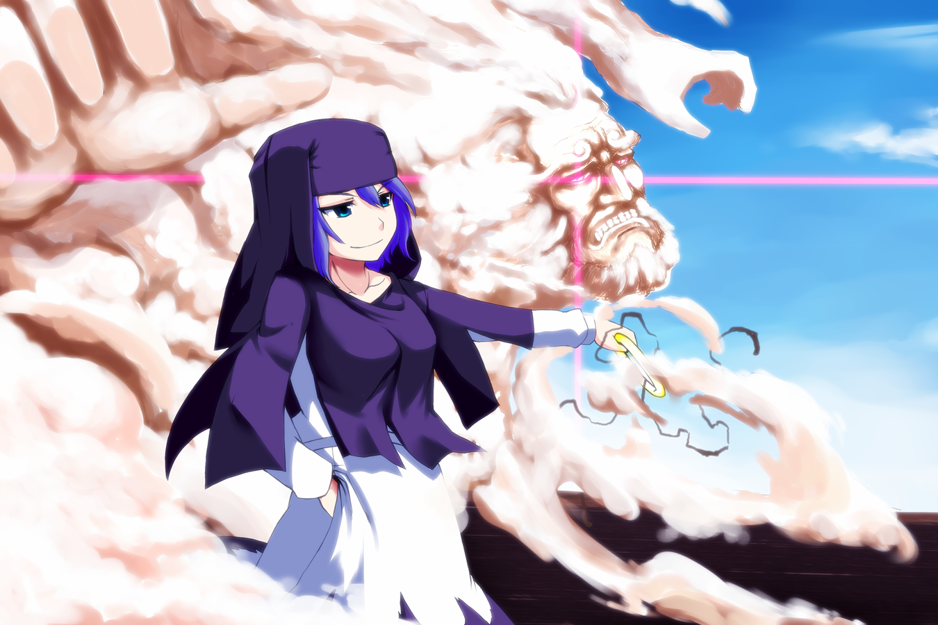 oyaji-sou, kumoi ichirin, unzan, touhou, bad id, bad pixiv id, 1boy, 1girl, blue eyes, blue hair, bracelet, cloud, hood, jewelry, ring, short hair