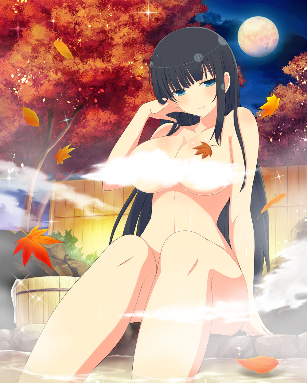 ikaruga (senran kagura), senran kagura, senran kagura new wave, senran kagura shoujo-tachi no shin'ei, highres, non-web source, 1girl, adjusting hair, armpit crease, autumn, autumn leaves, black hair, blue eyes, blunt bangs, blush, body blush, breasts, bucket, cloud, completely nude, convenient censoring, falling leaves, fence, full moon, half-closed eyes, hime cut, large breasts, leaf, light particles, linea alba, long hair, looking at viewer, moon, navel, night, night sky, nude, onsen, plant, rock, shiny skin, sitting, sky, smile, soaking feet, solo, sparkle, steam, steam censor, tree, very long hair, water, wet, wooden bucket, wooden fence