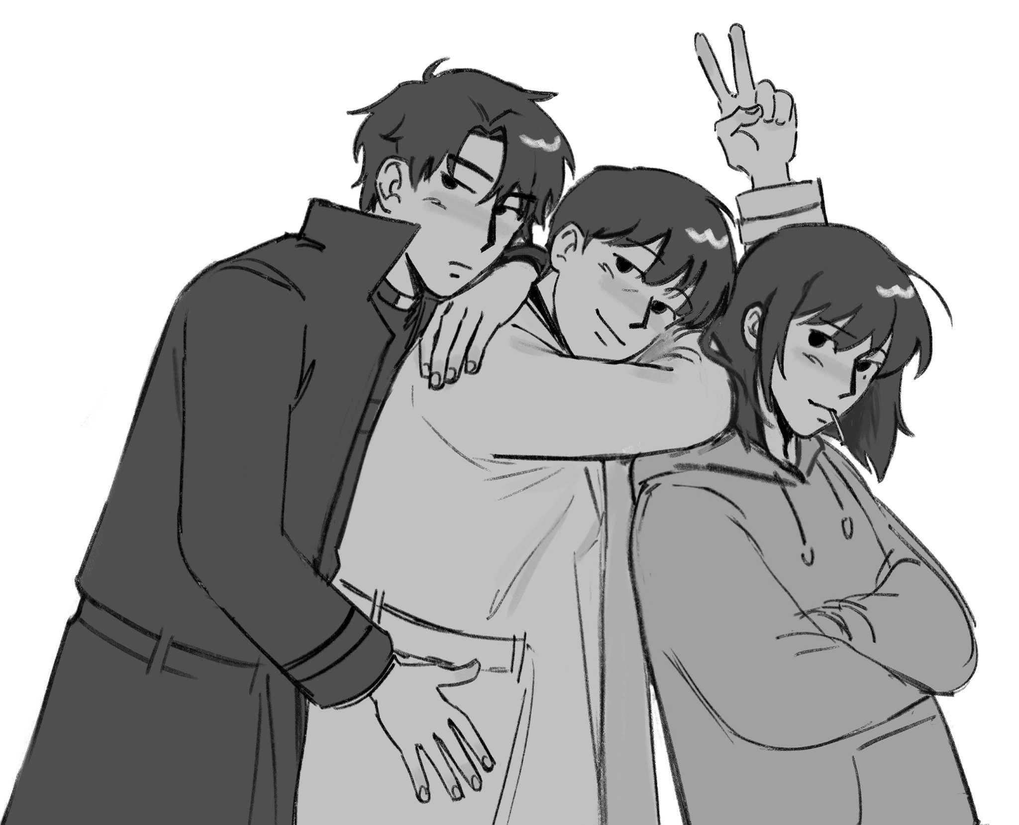 dokjasepilogue, han sooyoung, kim dokja, yoo joonghyuk, omniscient reader's viewpoint, highres, 1girl, 2boys, black coat, black eyes, black shirt, bob cut, coat, cowboy shot, curtained hair, elbow rest, greyscale, grin, hood, hood down, hoodie, leaning on person, lollipop in mouth, looking at viewer, monochrome, multiple boys, open clothes, open coat, popped collar, shirt, short hair, sidelocks, smile, v, white coat