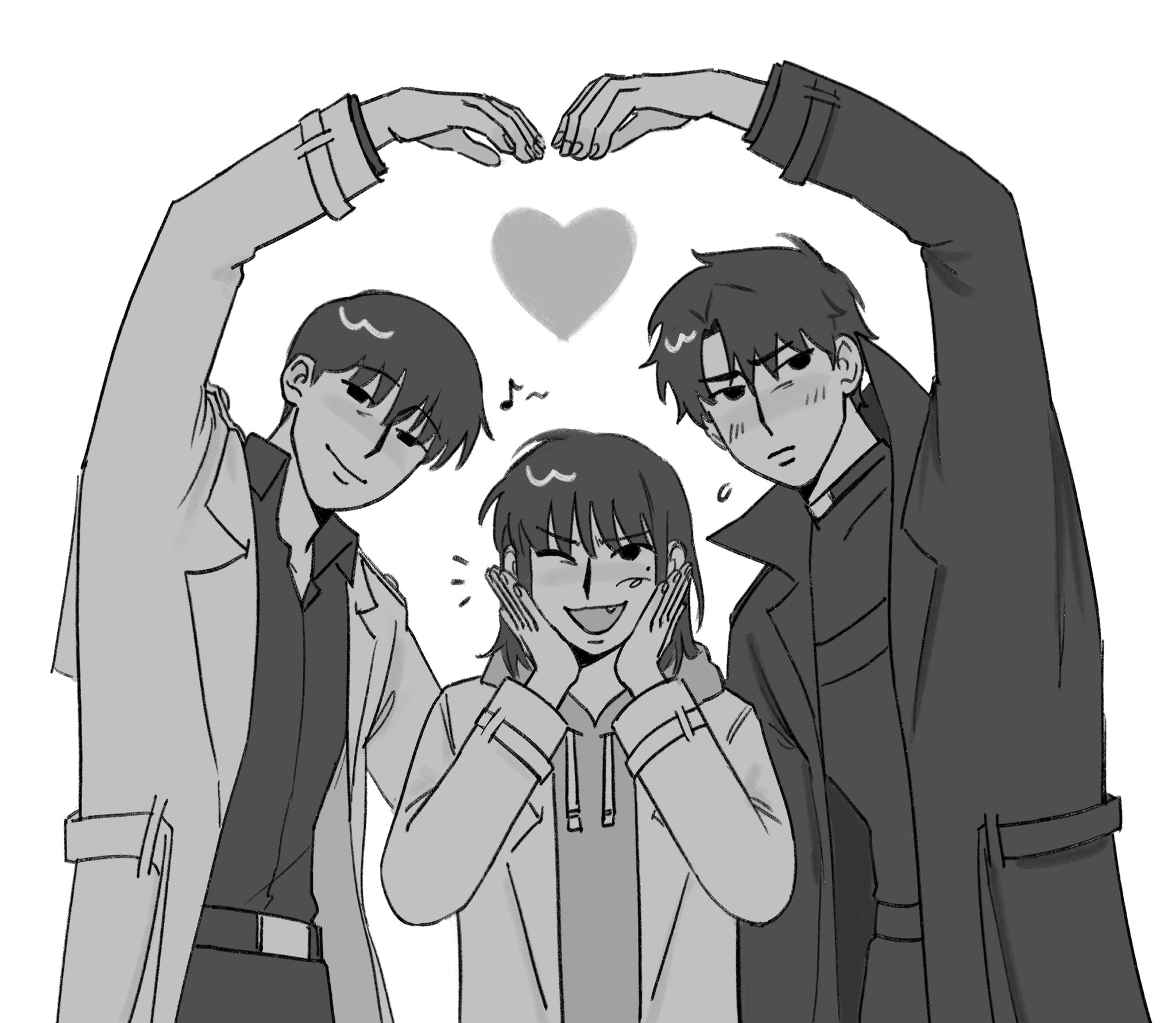 dokjasepilogue, han sooyoung, kim dokja, yoo joonghyuk, omniscient reader's viewpoint, highres, 1girl, 2boys, ;d, averting eyes, black coat, black eyes, black shirt, bob cut, coat, cowboy shot, curtained hair, fang, greyscale, hand on own face, heart arms, heart arms duo, hood, hood down, hoodie, looking at viewer, monochrome, multiple boys, musical note, one eye closed, open clothes, open coat, open mouth, popped collar, shirt, short hair, sidelocks, smile, white coat