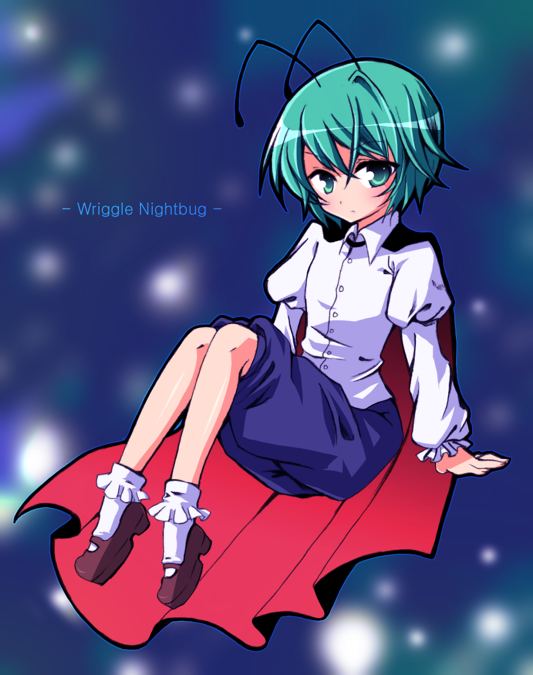 hidaka makoto, wriggle nightbug, touhou, highres, 1girl, antennae, cape, character name, female focus, full body, green eyes, green hair, mary janes, matching hair/eyes, shoes, short hair, solo
