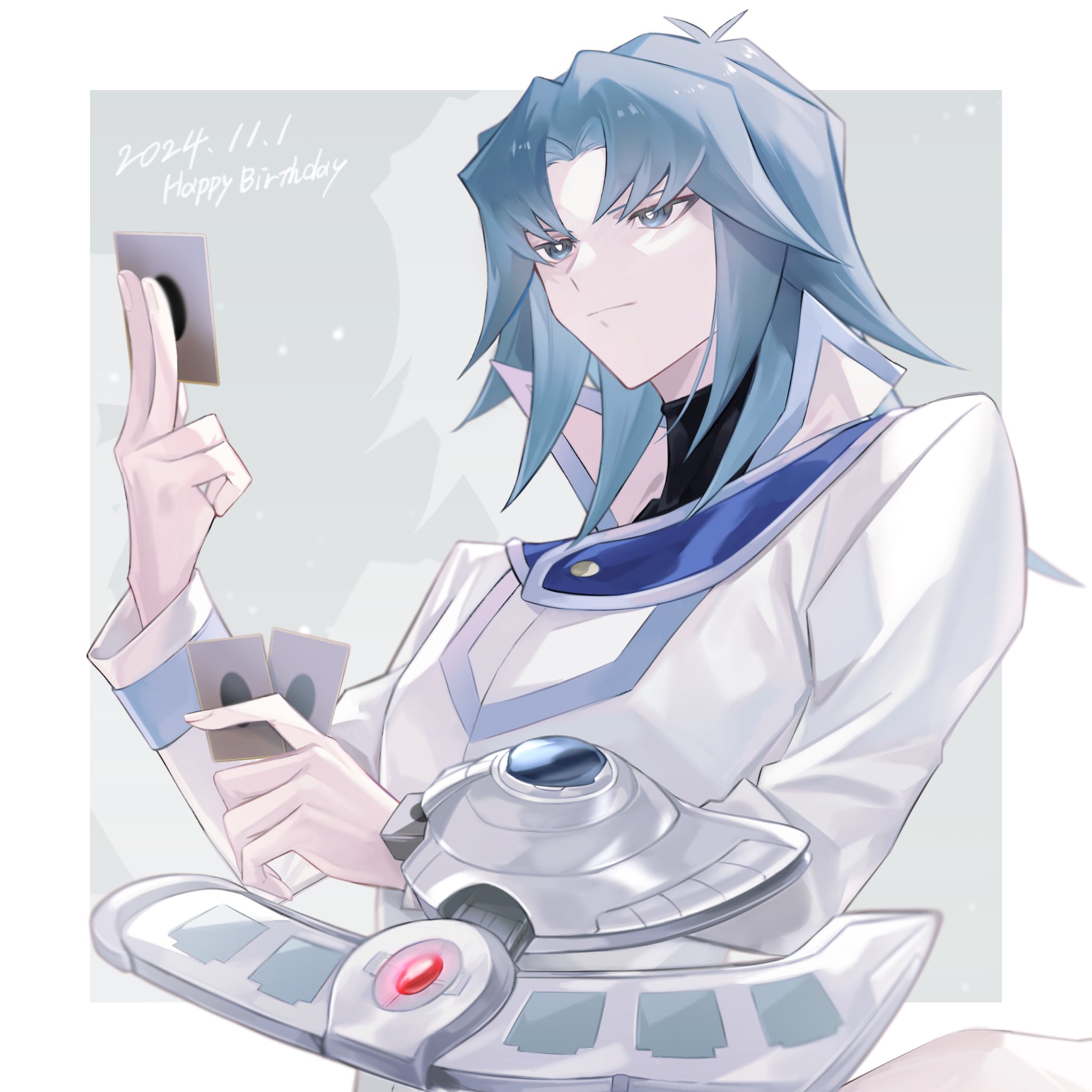 rrr az00, marufuji ryo, yu-gi-oh!, yu-gi-oh! gx, highres, 1boy, blue eyes, blue hair, card, closed mouth, dated, duel academy uniform (yu-gi-oh! gx), duel disk, happy birthday, holding, holding card, jacket, light smile, long sleeves, male focus, medium hair, solo, upper body, white jacket