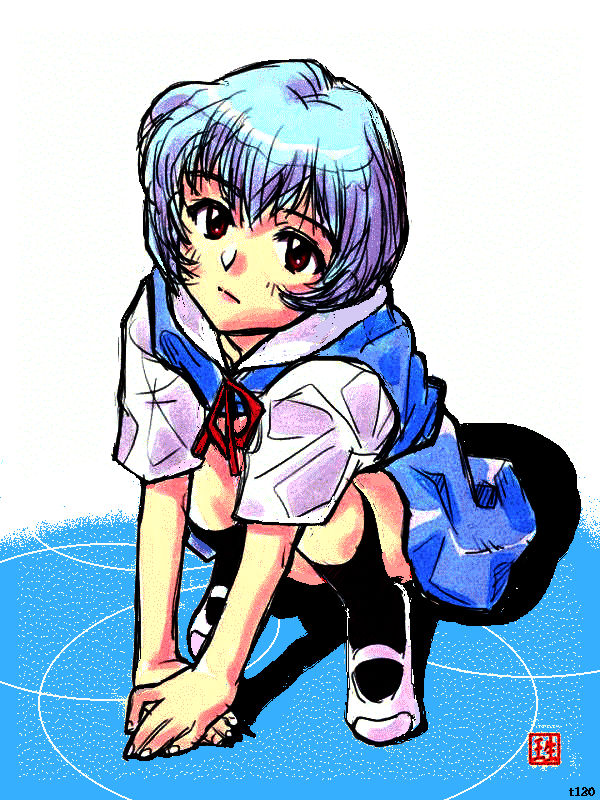 ikurumi kaoru, ayanami rei, neon genesis evangelion, 1girl, black socks, blue hair, female focus, kneehighs, red eyes, school uniform, shadow, short hair, socks, solo, squatting
