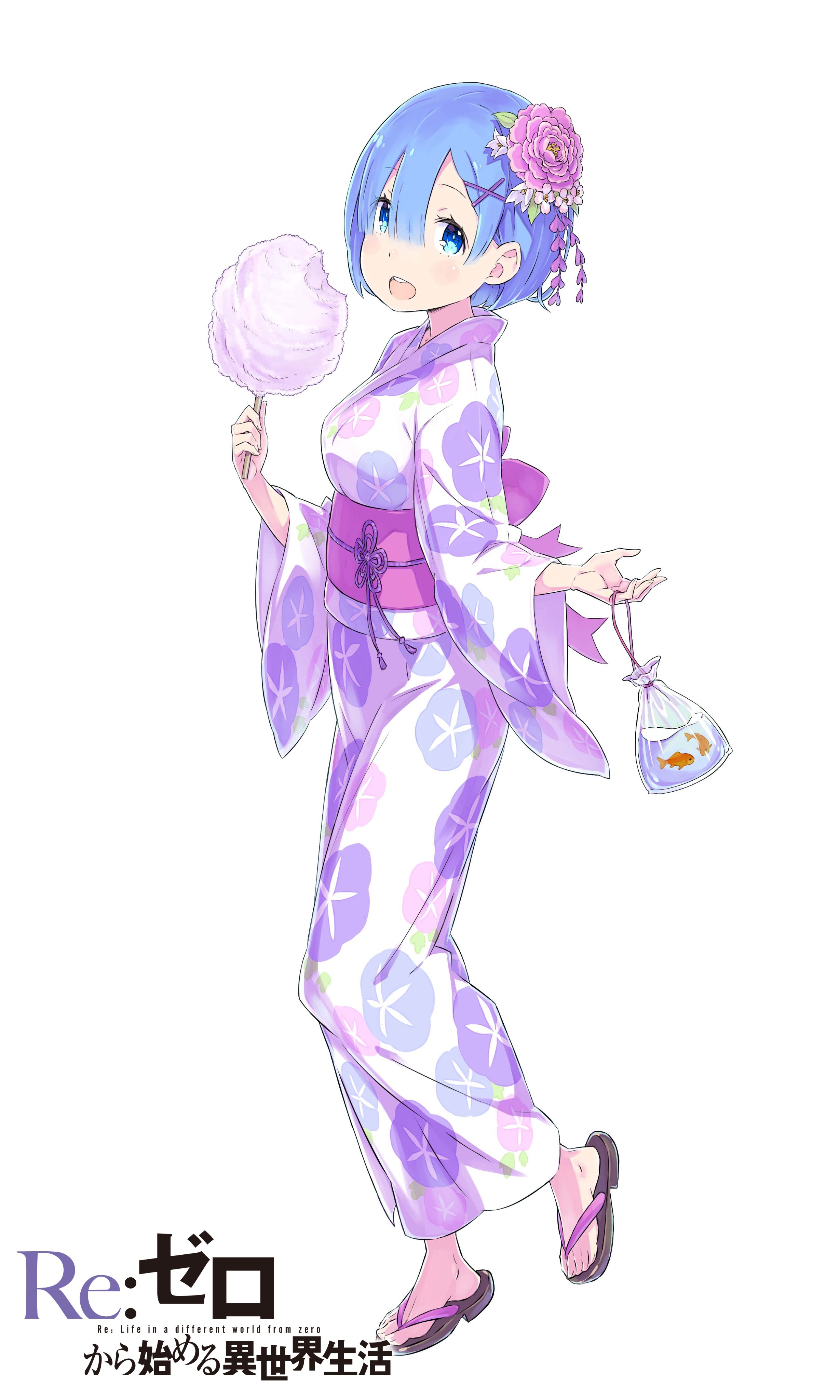 ootsuka shin'ichirou, rem (re:zero), re:zero kara hajimeru isekai seikatsu, absurdres, commentary request, highres, 1girl, breasts, copyright name, cotton candy, english text, fish, floral print, flower, from side, full body, goldfish, hair flower, hair ornament, japanese clothes, kimono, large breasts, long sleeves, looking at viewer, obi, open hand, open mouth, pink flower, pink sash, print kimono, sandals, sash, short hair, simple background, smile, solo, standing, tachi-e, teeth, title, upper teeth only, white background, wide sleeves, x hair ornament, yukata, zouri