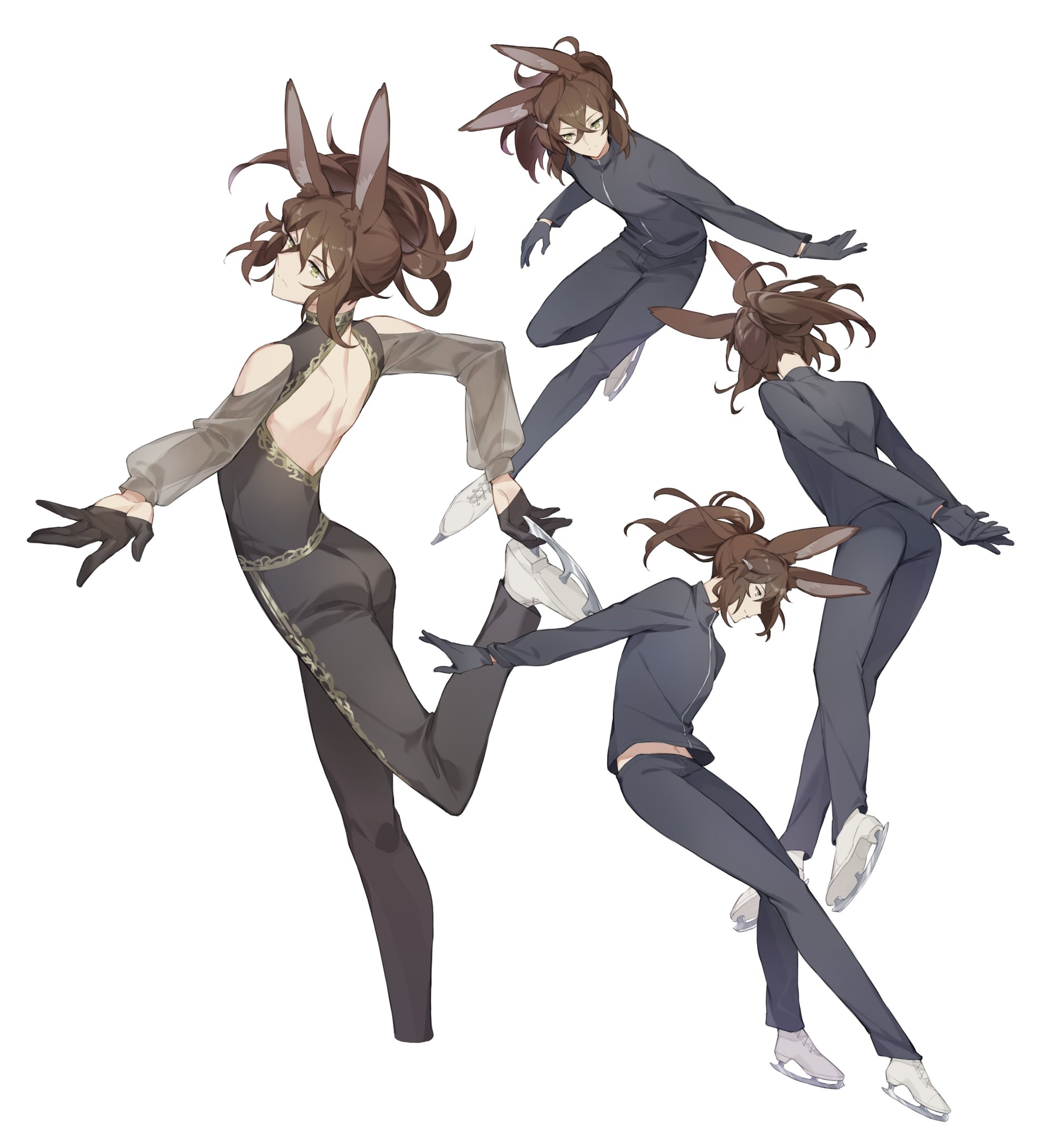 dragalinuka, sylas (dragalia lost), dragalia lost, highres, 1boy, alternate costume, animal ear fluff, animal ears, black gloves, black pants, black shirt, brown hair, closed mouth, gloves, hair between eyes, ice skates, long hair, long sleeves, male focus, multiple views, pants, ponytail, rabbit ears, shirt, skates, white background, yellow eyes