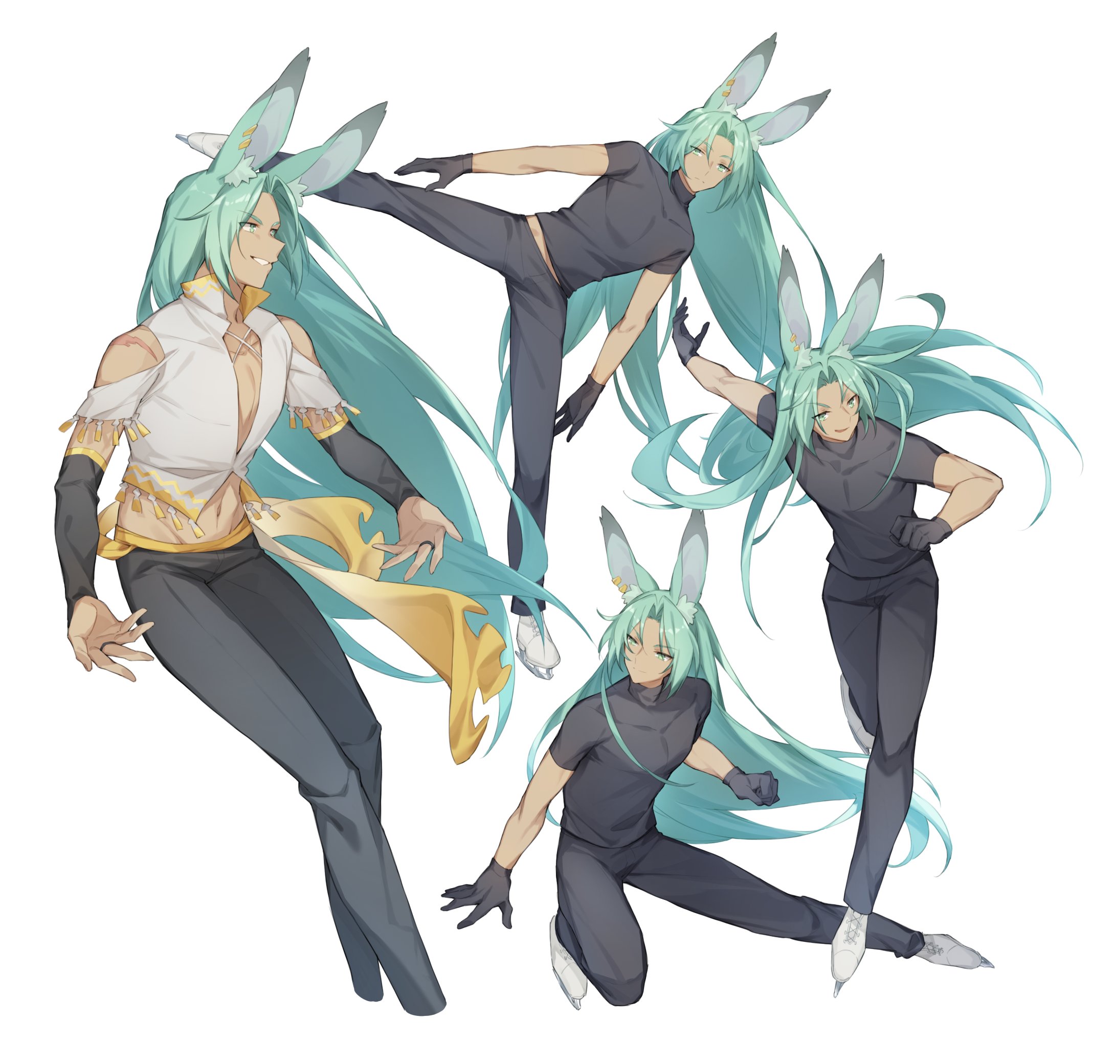 dragalinuka, luca (dragalia lost), dragalia lost, highres, 1boy, alternate costume, animal ear fluff, animal ears, black gloves, black pants, black shirt, closed mouth, dark-skinned male, dark skin, gloves, green eyes, green hair, ice skates, long hair, male focus, multiple views, open mouth, pants, rabbit ears, shirt, short sleeves, skates, smile, very long hair, white background