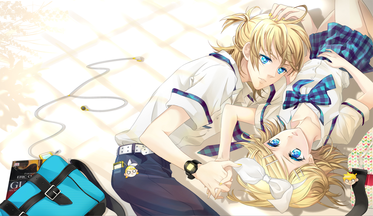 cocoon (loveririn), kagamine len, kagamine rin, vocaloid, bad id, bad pixiv id, 1boy, 1girl, blonde hair, blue eyes, brother and sister, digital media player, hair ornament, hair ribbon, hairclip, headphones, hetero, holding hands, ipod, ipod nano, ipod nano 4g, lying, on back, on side, ribbon, school uniform, short hair, siblings, skirt, twins, watch, wristwatch