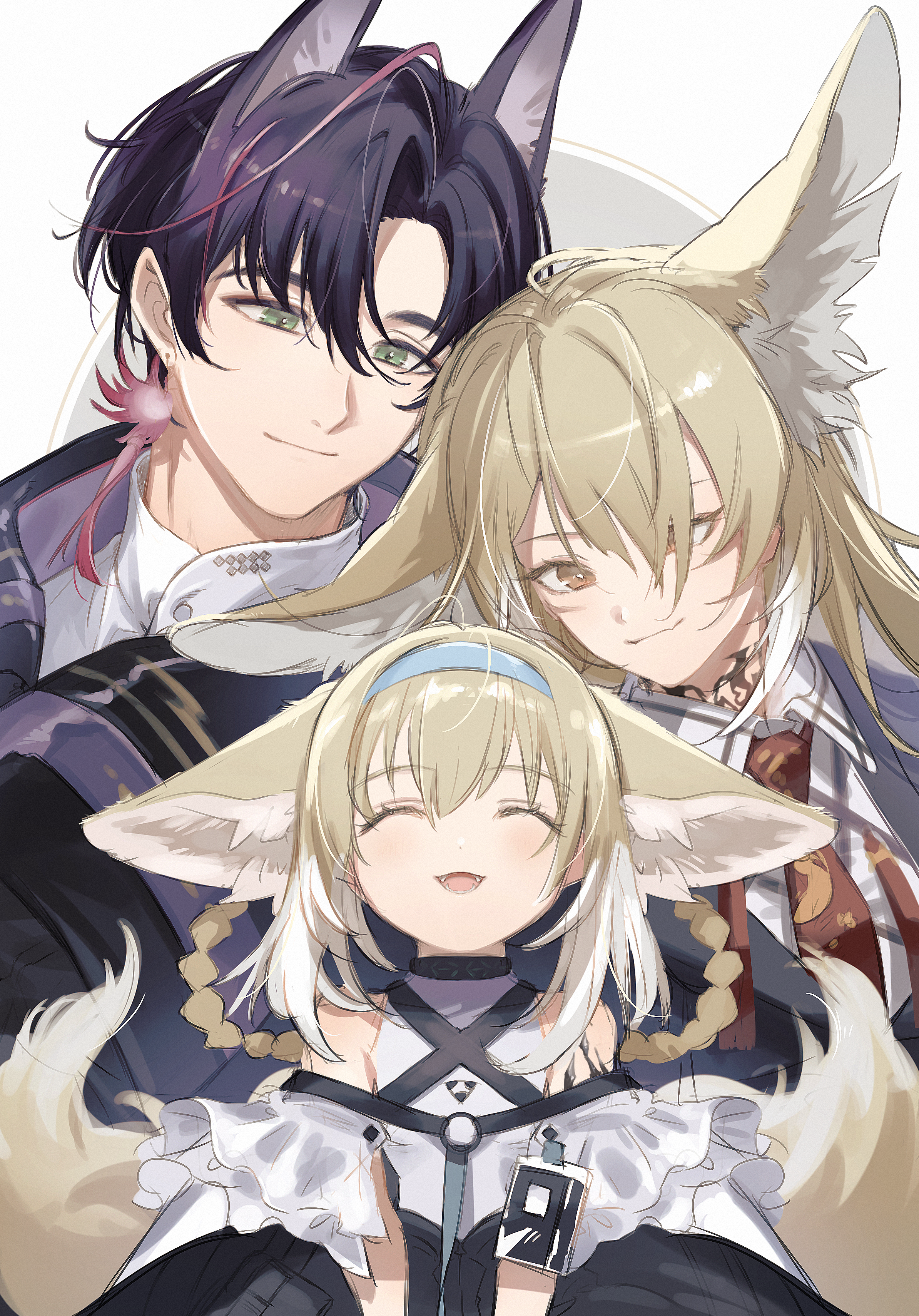 akekaede824, infection monitor (arknights), suzuran's father (arknights), suzuran (arknights), vulpisfoglia (arknights), arknights, absurdres, commentary, highres, 1boy, 2girls, animal ears, blonde hair, braid, braided hair rings, closed eyes, closed mouth, colored tips, extra ears, family, father and daughter, fox boy, fox ears, fox girl, fox tail, green eyes, hair rings, hairband, husband and wife, long hair, mother and daughter, multicolored hair, multiple girls, necktie, open mouth, orange eyes, pink hair, purple hair, red necktie, short hair, streaked hair, tail, twin braids, very short hair, white hair