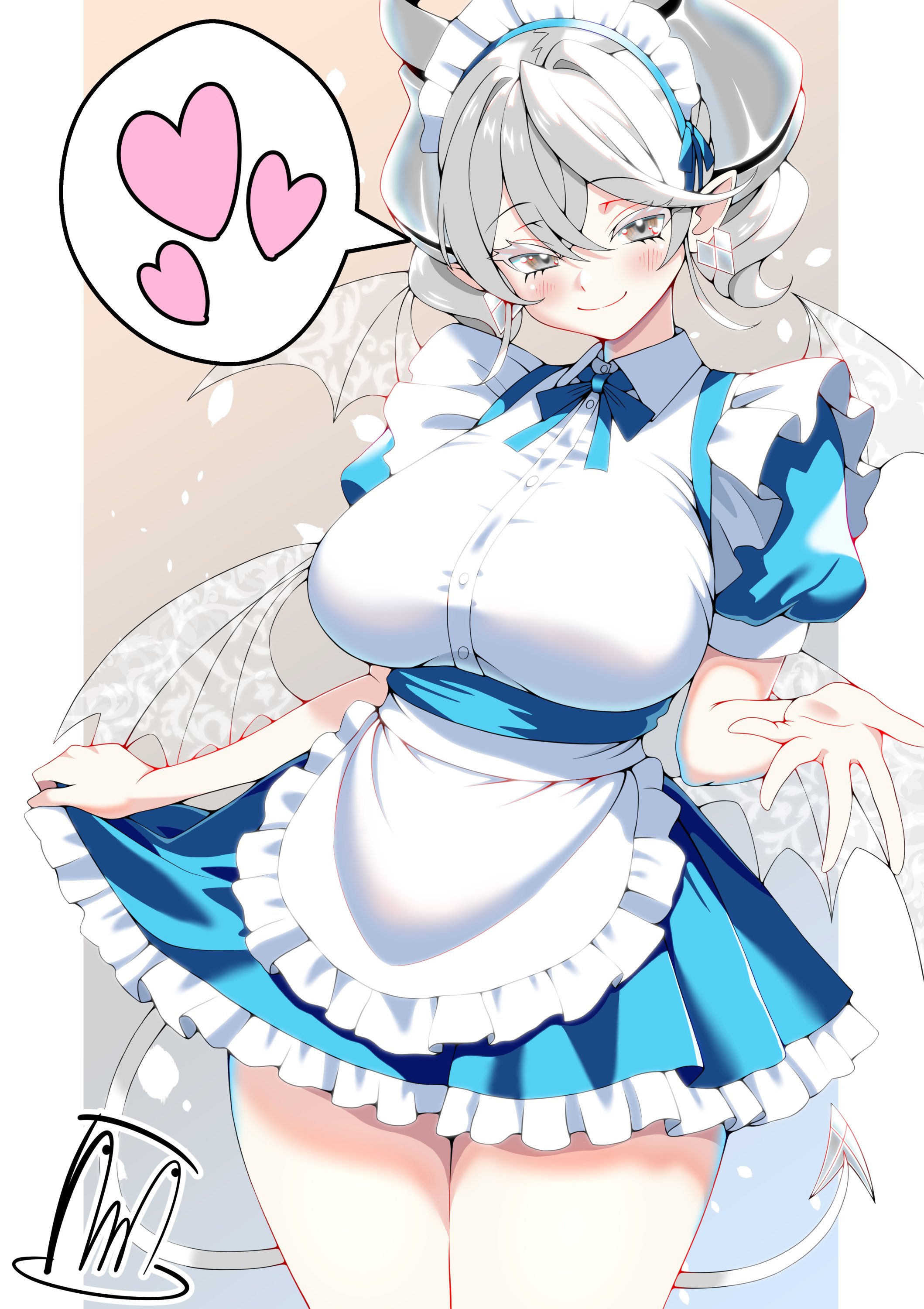 tama amata, lovely labrynth of the silver castle, silver horns, yu-gi-oh!, absurdres, highres, 1girl, apron, blush, breasts, demon girl, demon horns, demon tail, demon wings, drill hair, earrings, grey eyes, grey hair, heart, horns, jewelry, maid, maid apron, maid headdress, medium hair, multiple wings, open hand, ribbon, skirt, smile, solo, tail, thighs, twin drills, wings