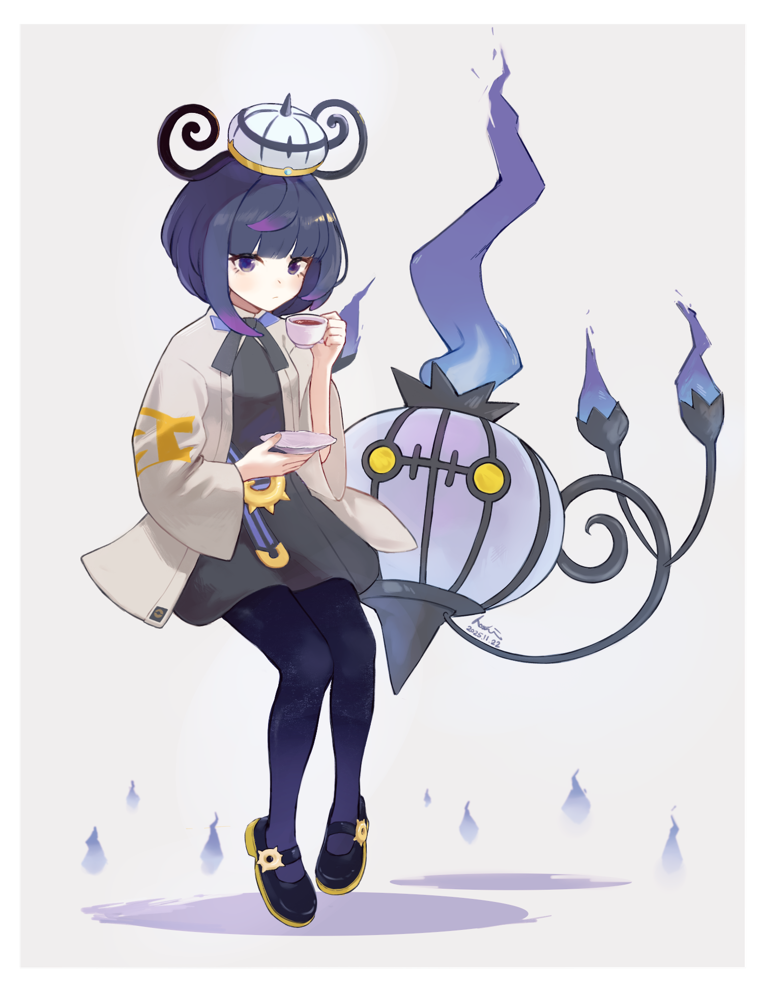 hoshizora (hoxisola), chandelure, gwynn (pokemon), nintendo, pokemon, pokemon legends: z-a, highres, 1girl, belt, belt buckle, black dress, black pantyhose, black shoes, blunt bangs, bob cut, buckle, closed mouth, coat, cup, dated, dress, full body, gen 5 pokemon, hat, holding, holding cup, invisible chair, long sleeves, looking at viewer, o-ring, o-ring belt, open clothes, open coat, pantyhose, pokemon (creature), purple eyes, purple hair, shoes, short hair, signature, sitting, teacup, white coat, wide sleeves