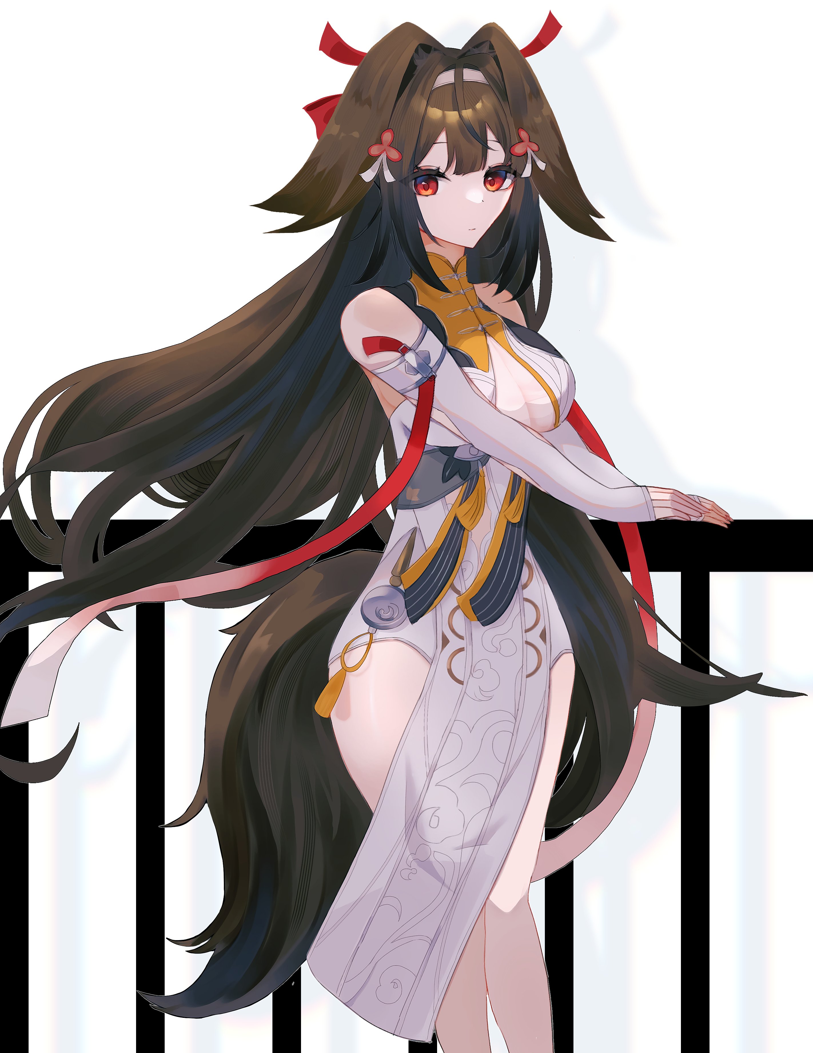 ye shunguang, zenless zone zero, absurdres, commentary request, highres, 1girl, against railing, armlet, bare shoulders, breasts, brown hair, brown tail, china dress, chinese clothes, closed mouth, clover, clover hair ornament, dress, droopy ears, feet out of frame, hair intakes, hair ornament, hairband, jewelry, large breasts, long hair, looking at viewer, mari 2960, pelvic curtain, railing, red eyes, see-through clothes, silver armlet, solo, tail, very long hair, white dress, white hairband