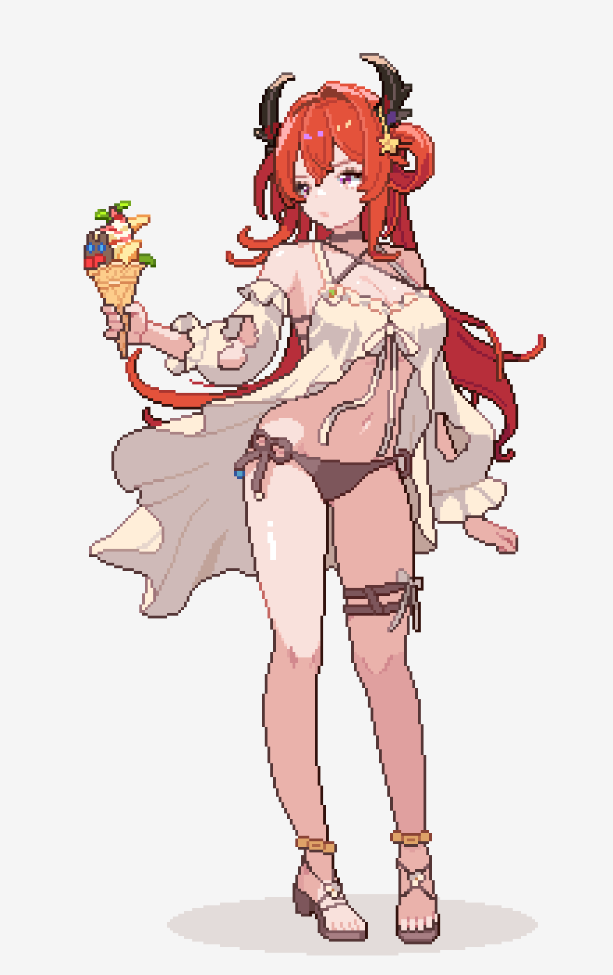 gamepix, surtr (arknights), surtr (colorful wonderland) (arknights), arknights, highres, 1girl, bare shoulders, bikini, black bikini, black horns, breasts, cleavage, criss-cross halter, demon girl, demon horns, detached sleeves, food, hair ornament, hair rings, halterneck, holding, holding ice cream cone, horns, ice cream, ice cream cone, long hair, navel, official alternate costume, pixel art, purple eyes, red hair, sandals, side-tie bikini bottom, solo, standing, star (symbol), star hair ornament, stomach, swimsuit, swimsuit cover-up, thigh strap