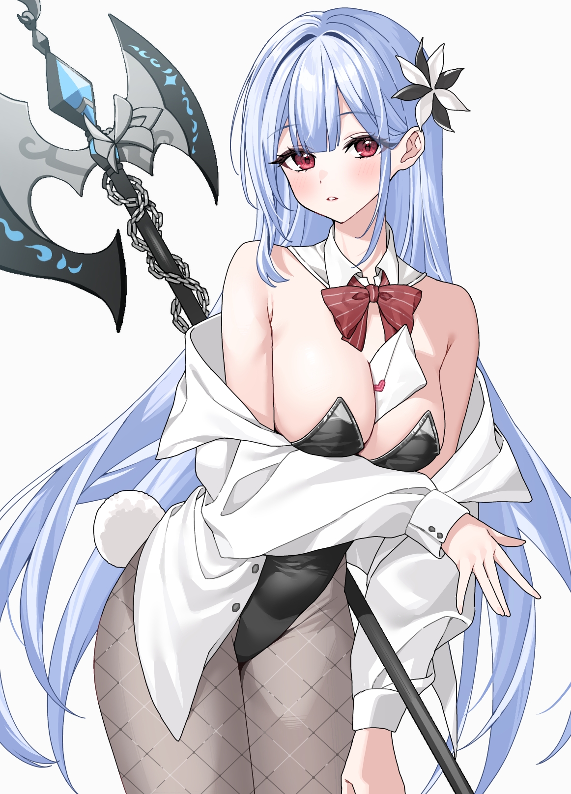 hayami kaname, freesia (stella sora), stella sora, commentary, highres, 1girl, alternate costume, arm under breasts, axe, battle axe, between breasts, black leotard, blue gemstone, blue hair, blunt ends, blush, bow, bowtie, breasts, buttons, chain, cleavage, coat, detached collar, envelope, fake tail, fishnet pantyhose, fishnets, flower, gem, grey pantyhose, hair flower, hair ornament, halberd, hand on own thigh, highleg, highleg leotard, holding, holding weapon, leotard, long hair, long sleeves, looking at viewer, medium breasts, off shoulder, open clothes, open coat, pantyhose, parted lips, playboy bunny, polearm, rabbit tail, red bow, red bowtie, red eyes, sidelocks, simple background, solo, standing, strapless, strapless leotard, tail, thighs, unbuttoned, very long hair, weapon, weapon on back, white background, white coat