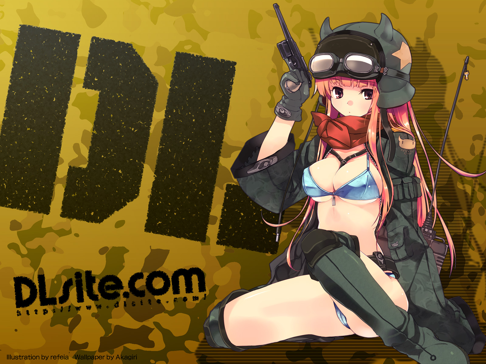 refeia, dille blood, dlsite.com, highres, 1girl, between breasts, bikini, blue bikini, boots, breasts, cleavage, coat, female focus, goggles, gun, handgun, helmet, mauser c96, pistol, semi-automatic pistol, solo, swimsuit, thigh boots, thighhighs, underboob, weapon