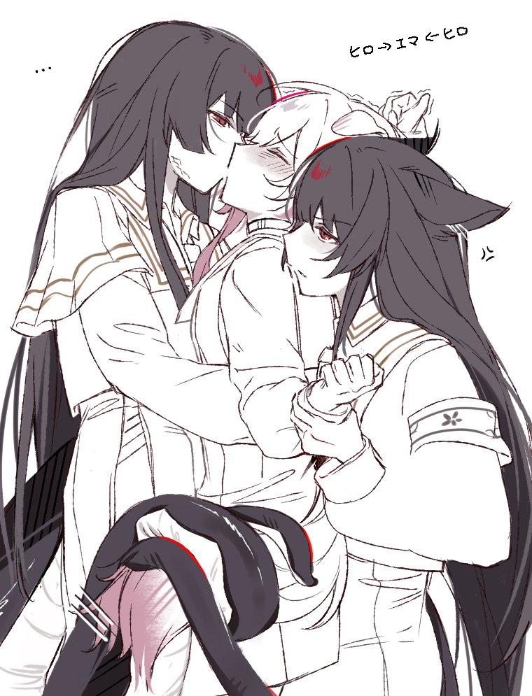 heihuamu1, nikaido hiro, sakuraba ema, mahou shoujo no majo saiban, commentary request, …, 3girls, anger vein, animal ears, armband, black hair, blush, cat ears, cat girl, cat tail, closed eyes, dog ears, dog girl, dog tail, dress, girl sandwich, gradient hair, holding another's wrist, kemonomimi mode, kiss, long hair, multicolored hair, multiple girls, partially colored, pink hair, red eyes, sandwiched, tail, white hair, yuri