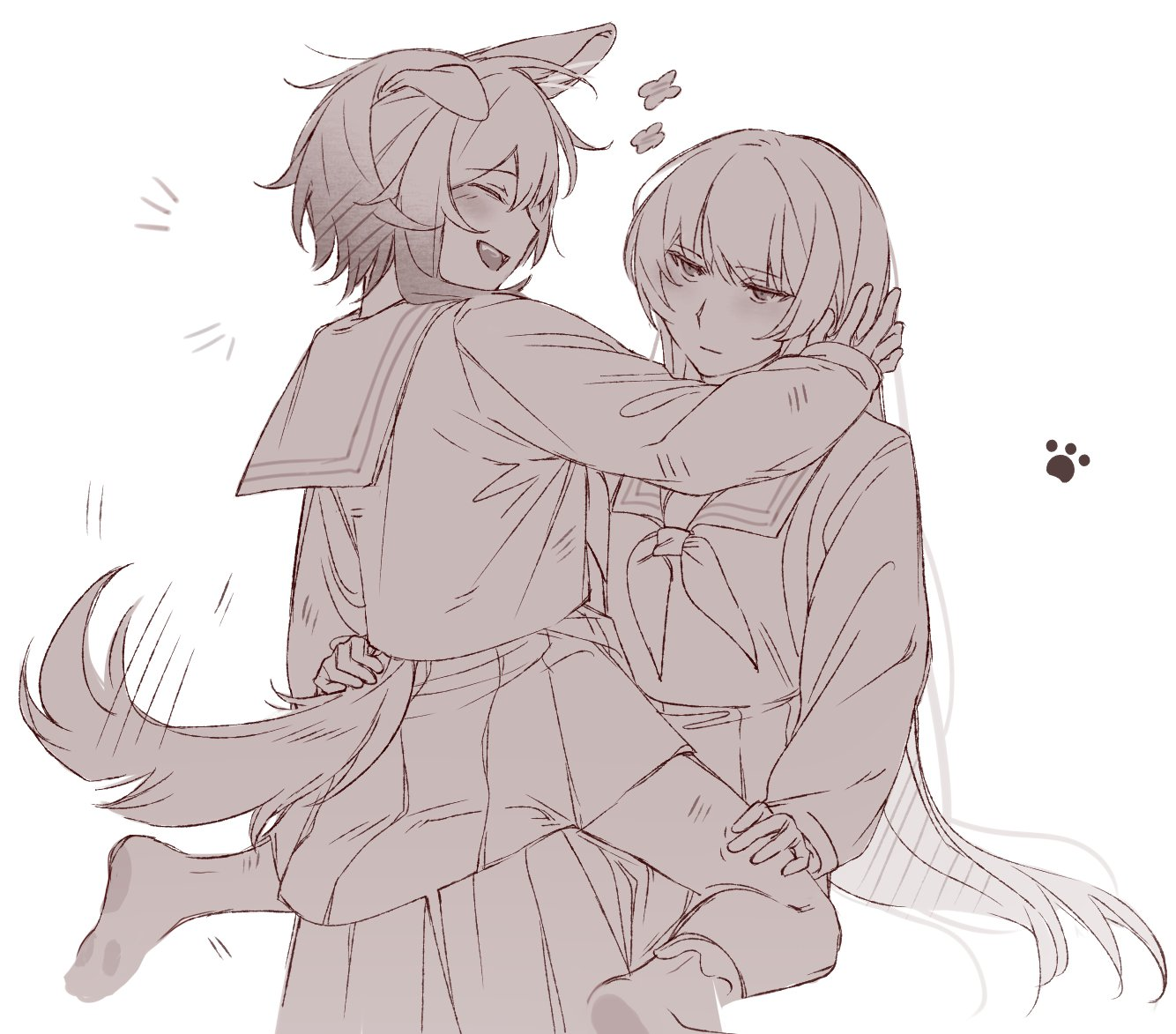 heihuamu1, nikaido hiro, sakuraba ema, mahou shoujo no majo saiban, 2girls, animal ears, closed eyes, closed mouth, dog ears, dog girl, dog tail, hand on another's leg, hand on another's waist, kemonomimi mode, long hair, monochrome, multiple girls, neckerchief, notice lines, open mouth, paw print, pleated skirt, sailor collar, school uniform, serafuku, sitting, sitting on lap, sitting on person, skirt, smile, tail, tail wagging, yuri