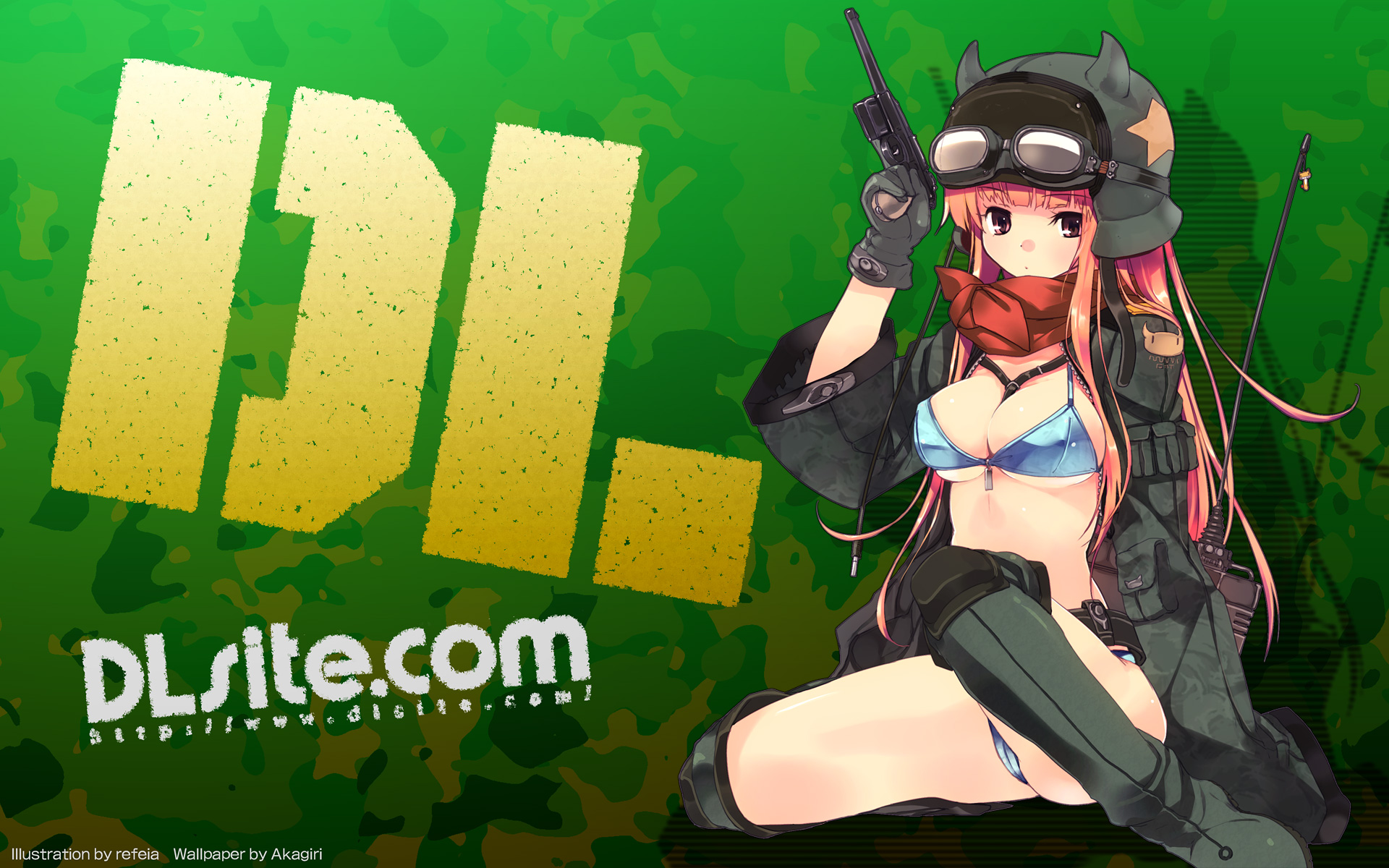 refeia, dille blood, dlsite.com, highres, 1girl, between breasts, bikini, boots, breasts, camouflage, cleavage, coat, female focus, goggles, gun, handgun, helmet, mauser c96, pistol, semi-automatic pistol, solo, swimsuit, thigh boots, thighhighs, underboob, weapon