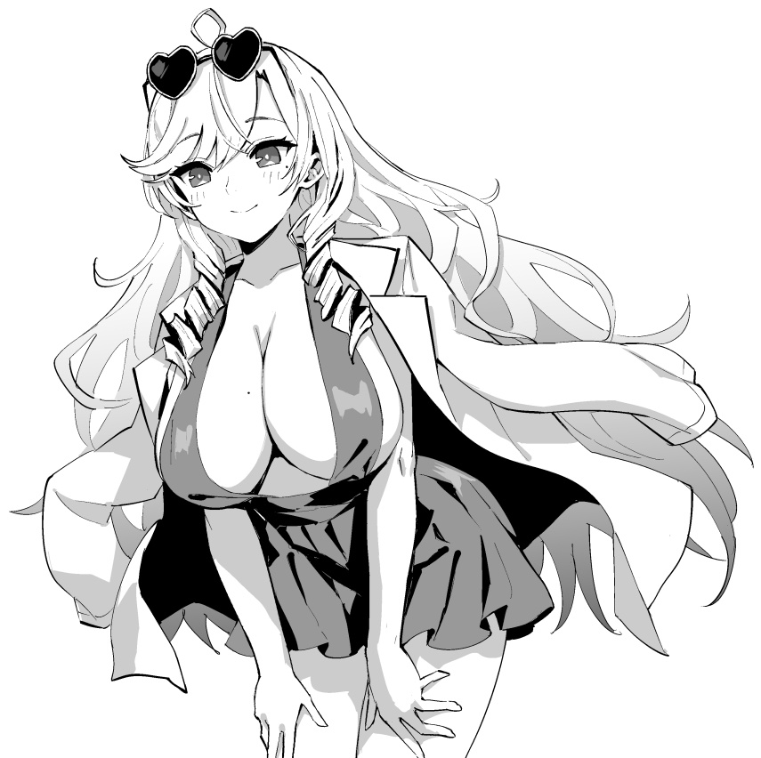 hori (hori no su), algerie (azur lane), azur lane, azur lane: slow ahead, commentary, official art, 1girl, ahoge, arm at side, arm behind head, blush, breasts, collared jacket, cowboy shot, cropped legs, downblouse, dress, drill hair, drill sidelocks, extended downblouse, eyewear on head, frilled dress, frills, from side, greyscale, hair between eyes, halter dress, halterneck, hands on own thighs, heart, heart-shaped eyewear, jacket, jacket on shoulders, large breasts, leaning forward, legs together, long hair, long sleeves, mole, mole on breast, mole under eye, monochrome, no bra, official alternate costume, parted lips, plunging neckline, short dress, sideboob, sidelocks, simple background, smile, solo, standing, sunglasses, thighs, very long hair, wavy hair, white background, wind, wing collar