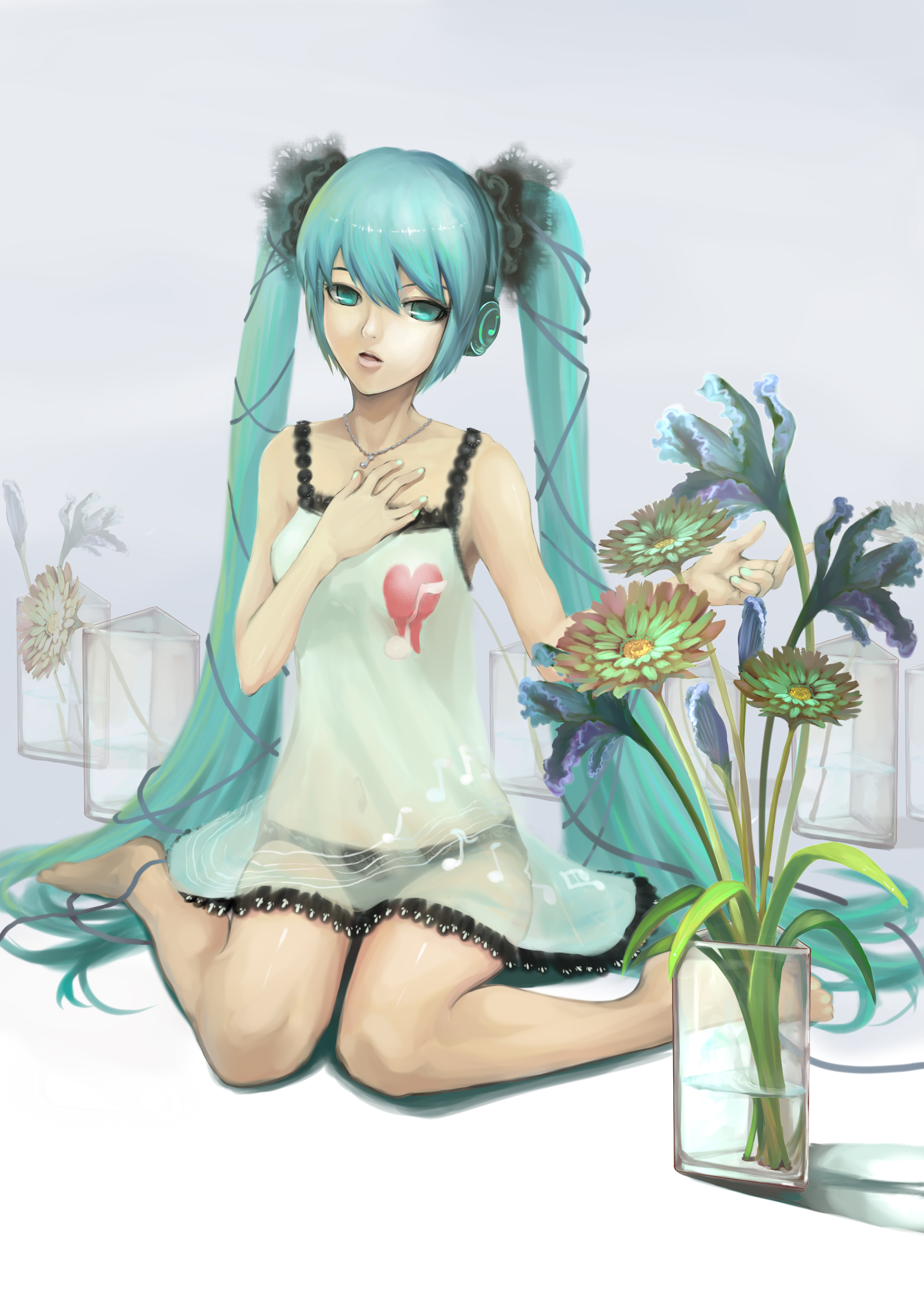 charimei, hatsune miku, vocaloid, absurdres, highres, 1girl, aqua eyes, aqua hair, barefoot, camisole, female focus, flower, hair ribbon, headphones, heart, heart on chest, jewelry, lips, long hair, musical note, necklace, panties, refraction, ribbon, see-through clothes, sitting, solo, twintails, underwear, very long hair, wariza