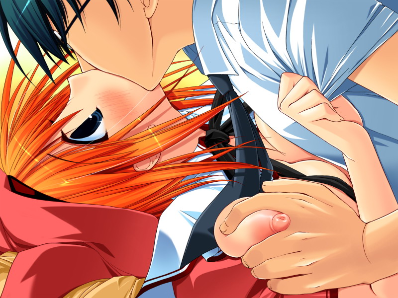miyasu risa, amamiya hiyoko, mahou wa ameiro, mahou wa ameiro?, game cg, 1boy, 1girl, blue eyes, blush, breasts, glasses, grabbing another's breast, groping, hat, hetero, kiss, necktie, orange hair, ribbon, school uniform, short hair