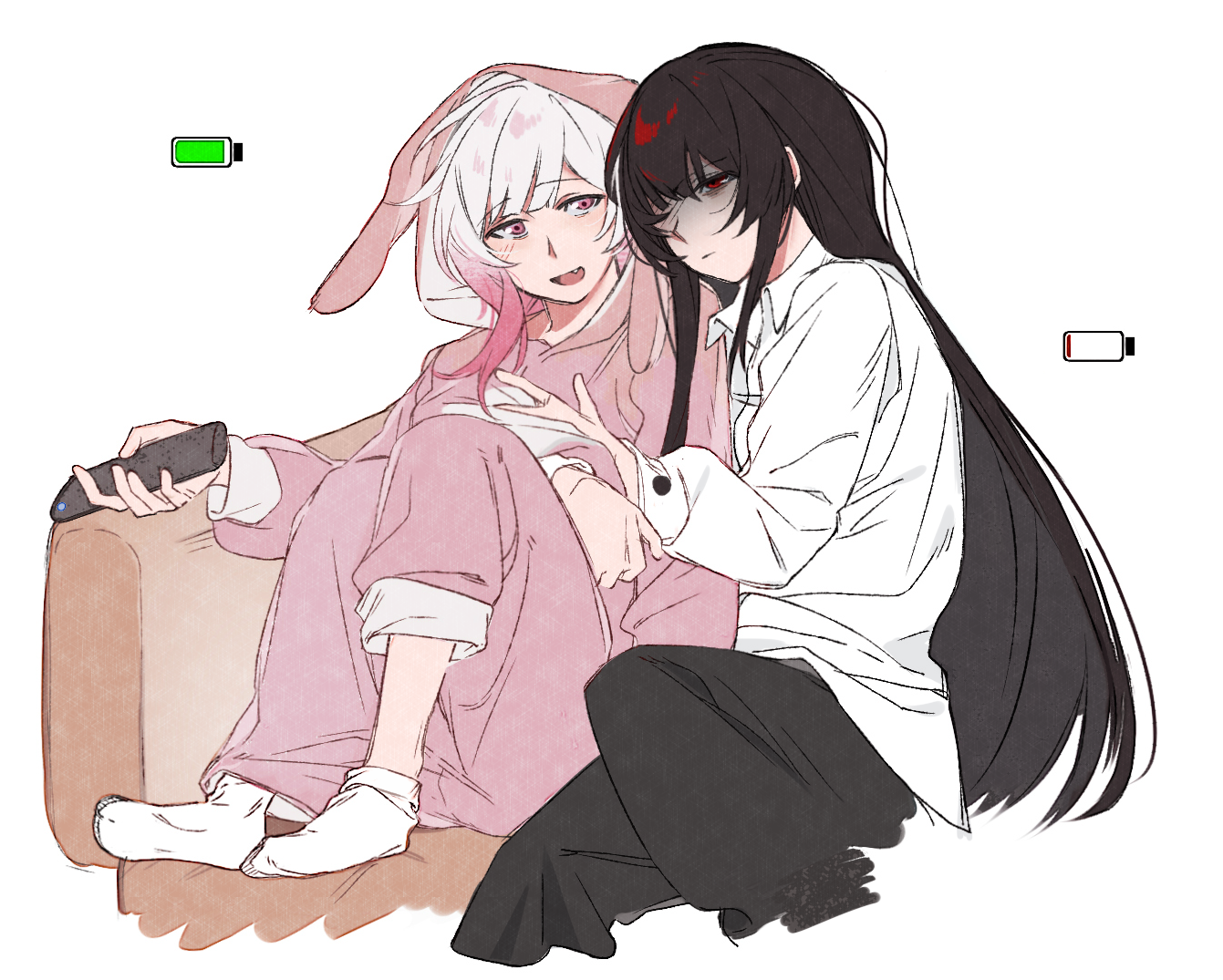 heihuamu1, nikaido hiro, sakuraba ema, mahou shoujo no majo saiban, chinese commentary, commentary request, 2girls, battery indicator, black hair, black pants, blush, collared shirt, controller, exhausted, fang, holding, holding remote control, hug, long hair, long sleeves, multiple girls, onesie, open mouth, pants, pink eyes, pink hair, red eyes, remote control, shirt, simple background, smile, socks, white background, white hair, white shirt, white socks, yuri