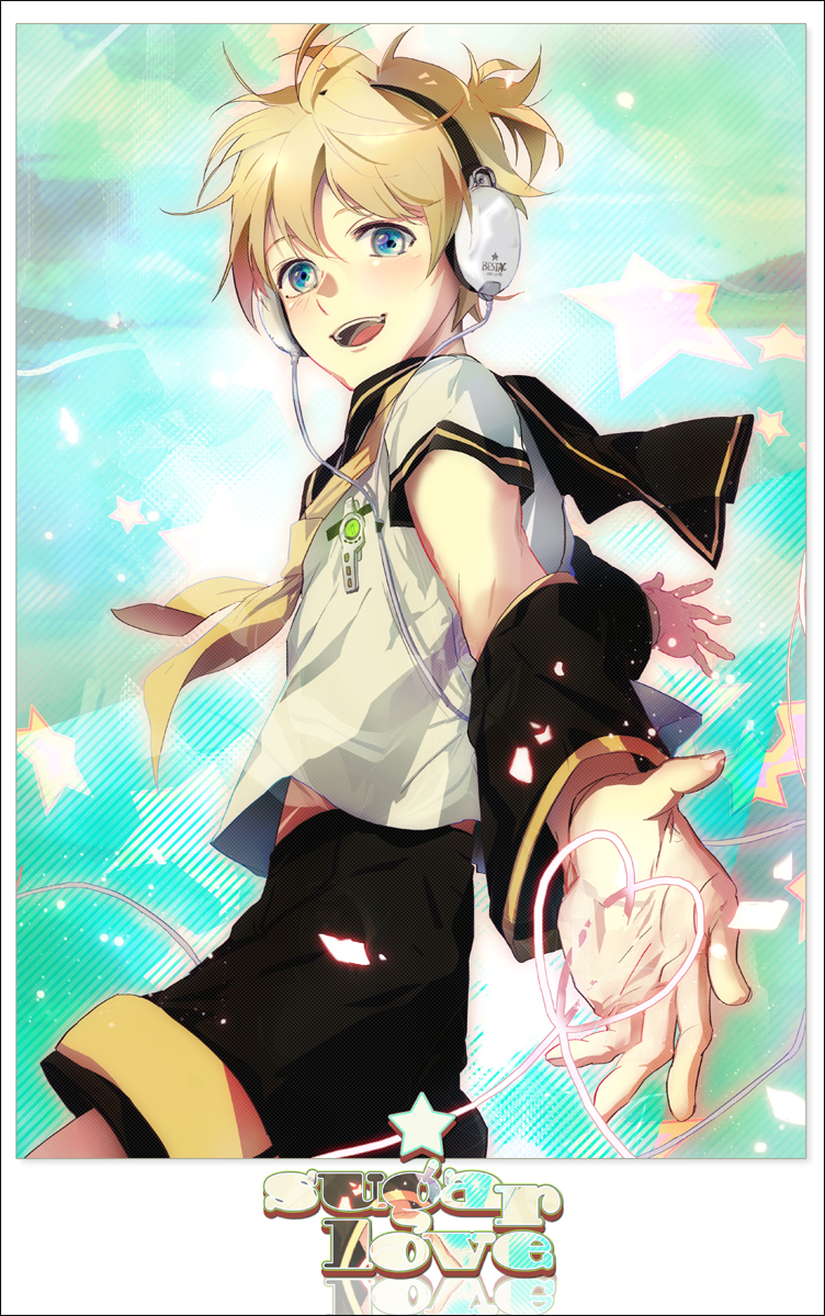 zis, kagamine len, vocaloid, bad id, bad pixiv id, highres, 1boy, blonde hair, blue eyes, headphones, heart, male focus, necktie, short hair, shorts, smile, solo, star (symbol), yellow necktie