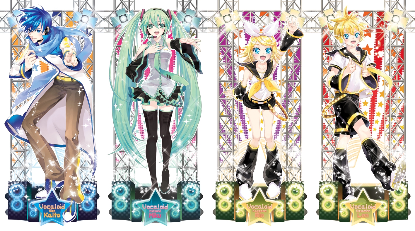 cocoon (loveririn), hatsune miku, kagamine len, kagamine rin, kaito (vocaloid), vocaloid, 2boys, 2girls, blonde hair, blue eyes, blue hair, blue scarf, green eyes, hair ornament, hair ribbon, hairclip, headphones, long hair, multiple boys, multiple girls, necktie, ponytail, ribbon, scarf, school uniform, serafuku, short hair, siblings, sisters, standing, thighhighs, twins, twintails
