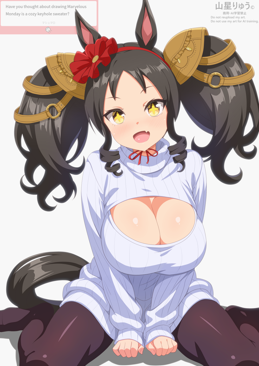 yamaboshi ryuu, marvelous sunday (umamusume), umamusume, highres, + +, 1girl, animal ears, black hair, black pantyhose, blush, breasts, cleavage, cleavage cutout, clothing cutout, dress, drill hair, drill sidelocks, fang, hair ornament, hairband, horse ears, horse girl, horse tail, large breasts, long hair, long sleeves, looking at viewer, open mouth, pantyhose, red hairband, red ribbon, ribbon, sidelocks, sitting, skin fang, smile, solo, sweater, sweater dress, tail, twin drills, twintails, wariza, white sweater, yellow eyes