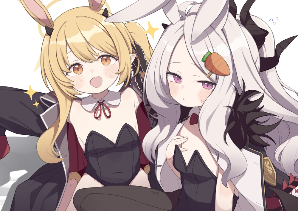gamuo, hina (blue archive), ibuki (blue archive), blue archive, 2girls, animal ears, armpits, arms up, black coat, black leotard, black pantyhose, black ribbon, blonde hair, blush, bow, bowtie, breasts, brown eyes, carrot hair ornament, coat, coat on shoulders, collar, covered navel, demon girl, demon horns, detached collar, embarrassed, flying sweatdrops, food-themed hair ornament, grey hair, hair ornament, hairclip, hand on own chest, horns, leotard, long hair, looking at viewer, multiple girls, open mouth, oversized clothes, pantyhose, pink eyes, playboy bunny, pointy ears, ponytail, rabbit ears, rabbit girl, red bow, red bowtie, ribbon, side ponytail, sitting, sleeves past wrists, small breasts, small horns, smile, sparkle, strapless, strapless leotard, thighs, very long hair, white collar