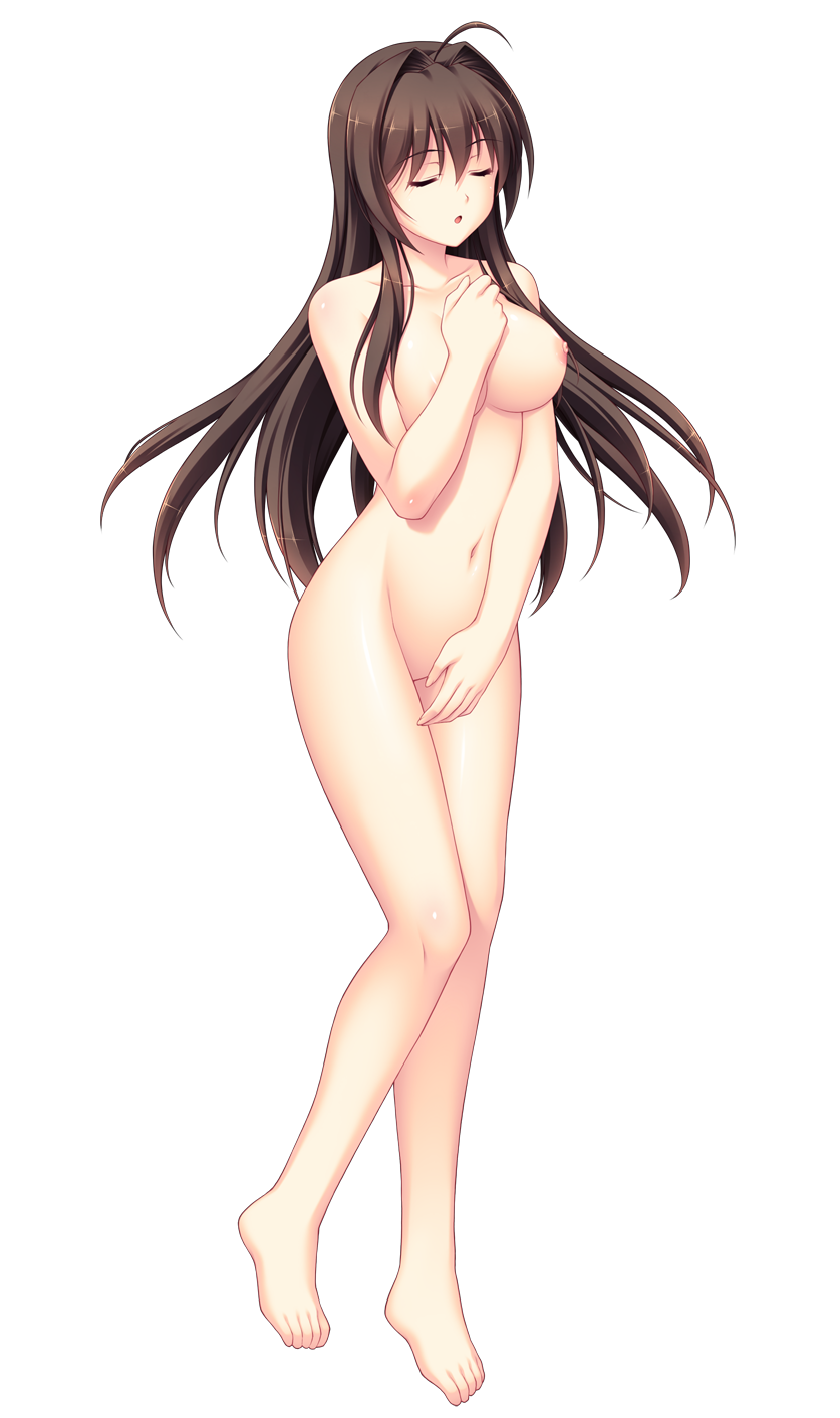 tsukumo kazuita, maishima yuri, nerawareta megami tenshi angel tear, game cg, highres, large variant set, non-web source, official art, variant set, 1girl, :o, ahoge, barefoot, breasts, brown hair, closed eyes, collarbone, completely nude, covering crotch, covering privates, full body, hair intakes, large breasts, long hair, navel, nipples, no pussy, nude, open mouth, solo, tachi-e, transparent background