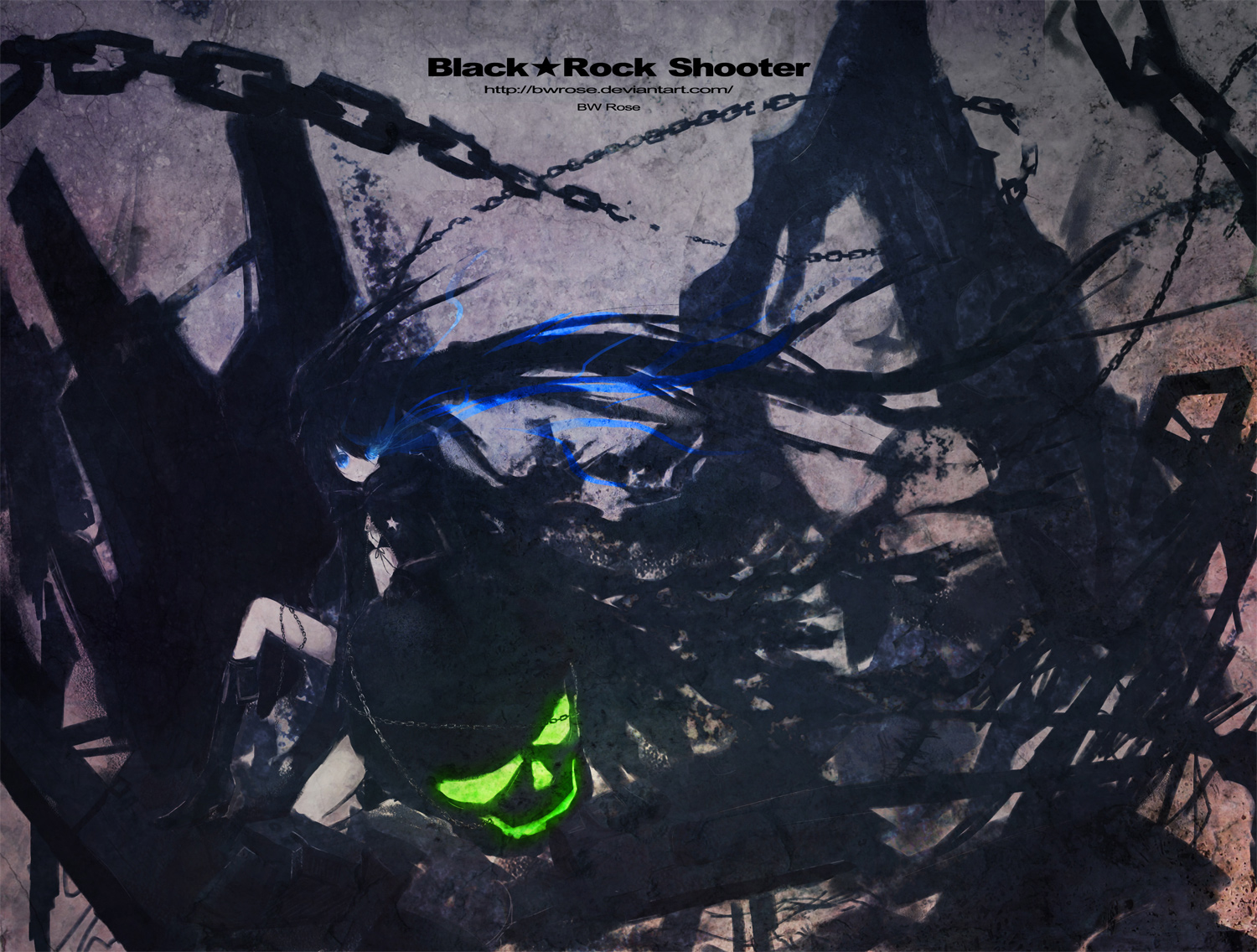 bwrose, black rock shooter (character), black rock shooter, vocaloid, 10s, 1girl, bikini, bikini top only, black hair, blue eyes, boots, chain, coat, dark, female focus, flat chest, glowing, glowing eyes, long hair, shorts, skull, solo, swimsuit, twintails, very long hair