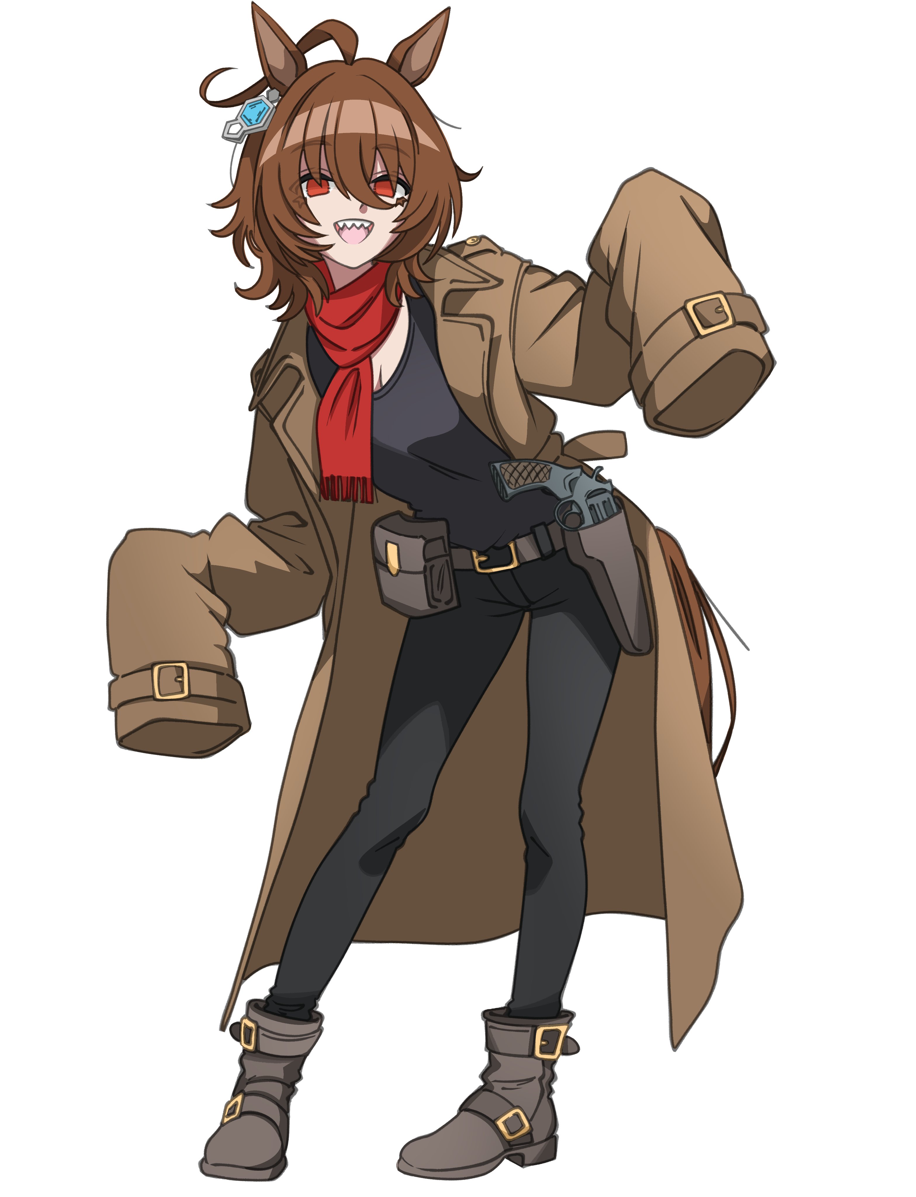 ghuler, agnes tachyon (umamusume), umamusume, absurdres, highres, 1girl, ahoge, alternate costume, animal ears, belt, belt pouch, black pants, black shirt, boots, breasts, brown coat, brown hair, coat, earrings, full body, gun, hair between eyes, handgun, holster, holstered, horse ears, horse girl, horse tail, jewelry, medium hair, open clothes, open coat, open mouth, pants, pouch, red eyes, red scarf, revolver, scarf, sharp teeth, shirt, simple background, single earring, sleeves past fingers, sleeves past wrists, smile, solo, tail, teeth, weapon, white background