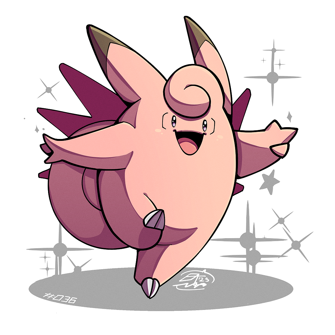 mistray-art, clefable, nintendo, pokemon, full body, gen 1 pokemon, no humans, numbered, open mouth, pink fur, pokemon (creature), signature, simple background, solo, sparkle, white background
