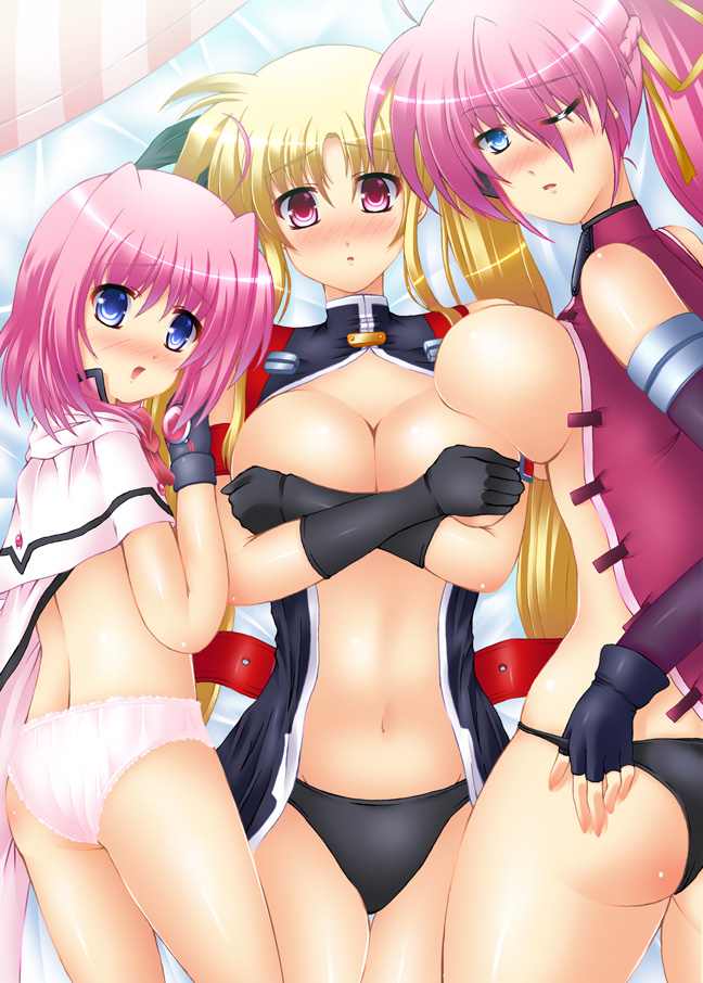 futaba shion, utanone shion, caro ru lushe, fate testarossa, signum, lyrical nanoha, mahou shoujo lyrical nanoha, mahou shoujo lyrical nanoha strikers, breast hold, bad id, bad pixiv id, 00s, 3girls, ass, bed, black panties, blonde hair, blue eyes, blush, braid, breasts, cape, covering breasts, covering privates, fingerless gloves, gloves, hair ribbon, large breasts, long hair, looking back, lying, multiple girls, no bra, on back, one eye closed, panties, pink eyes, pink hair, pink panties, ribbon, short hair, thigh gap, thighs, twintails, underwear, wink