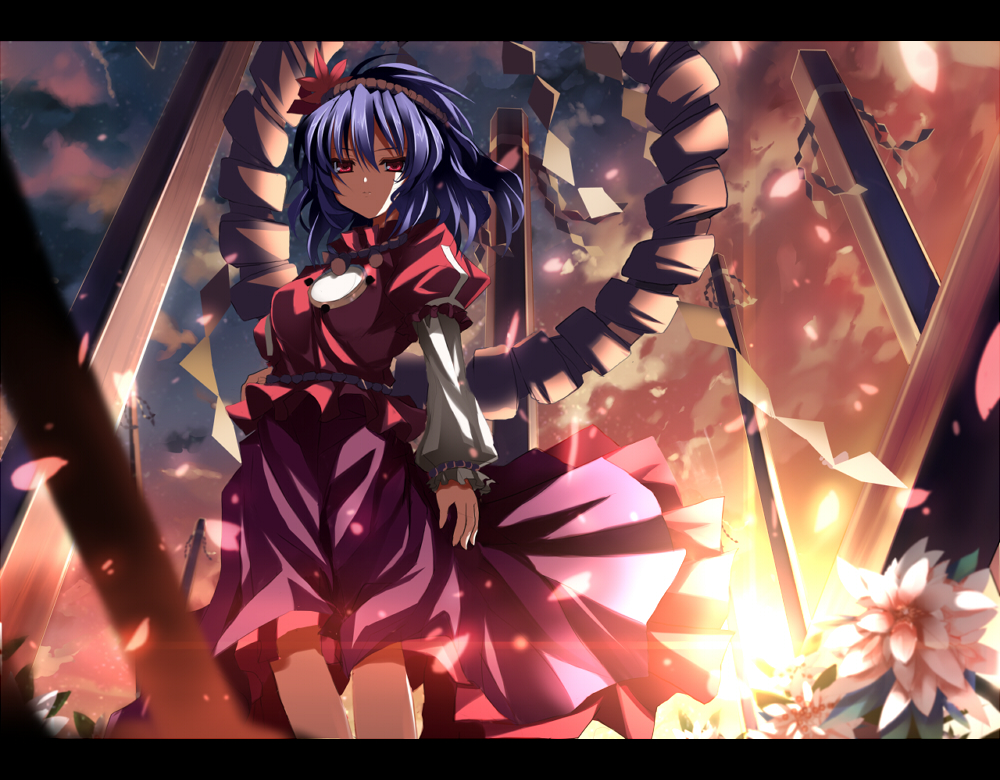 shino (eefy), yasaka kanako, touhou, 1girl, dusk, evening, female focus, flower, hair ornament, leaf hair ornament, letterboxed, onbashira, purple hair, red eyes, rope, shide, shimenawa, short hair, solo, sun, sunlight, sunset, twilight