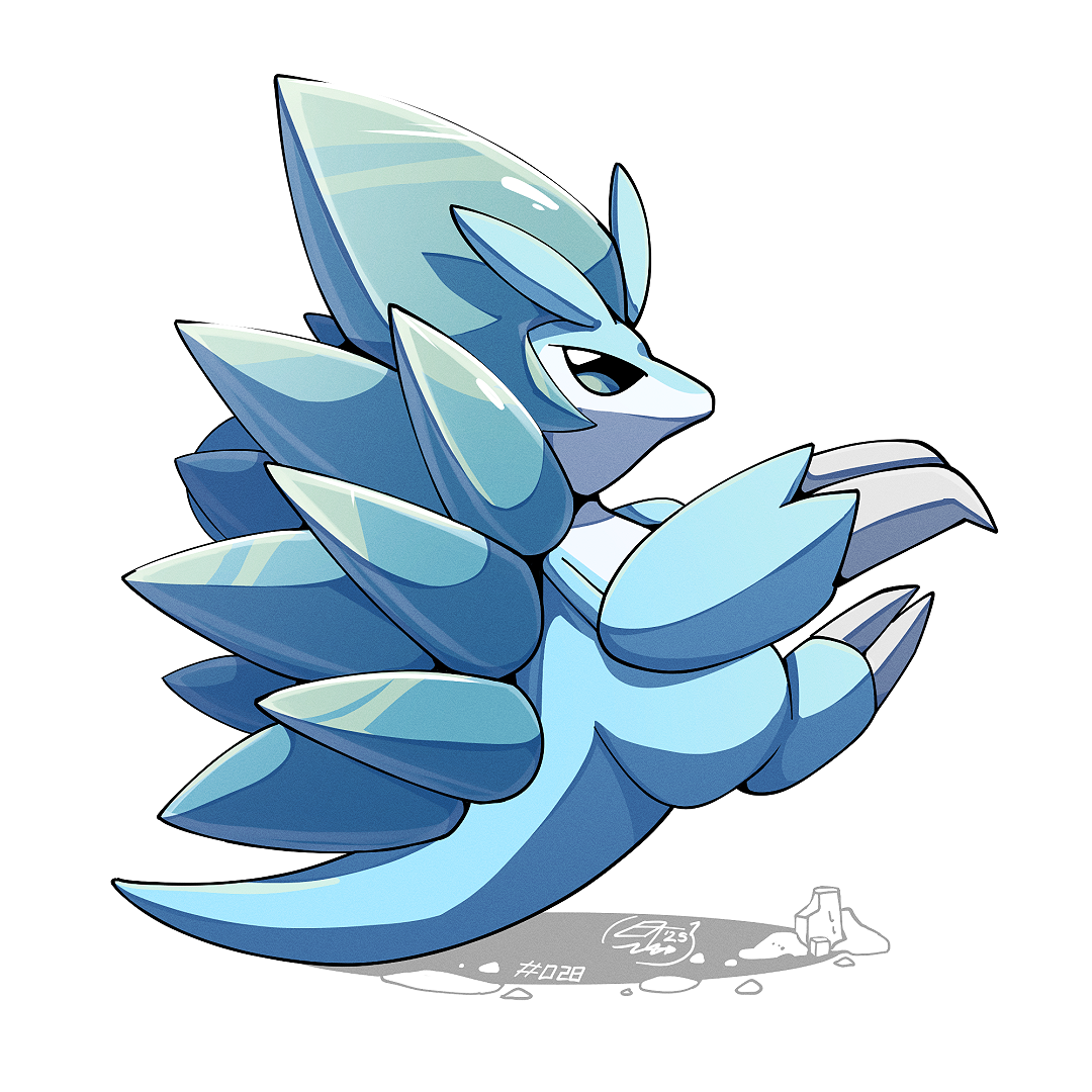 mistray-art, alolan sandslash, nintendo, pokemon, alolan form, claws, full body, gen 7 pokemon, no humans, numbered, pokemon (creature), signature, simple background, sitting, solo, tail, white background