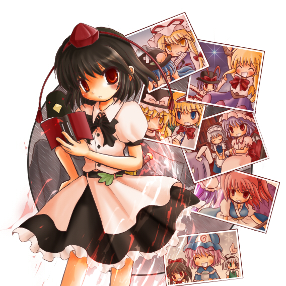 punakko, alice margatroid, hakurei reimu, hinanawi tenshi, izayoi sakuya, kirisame marisa, konpaku youmu, konpaku youmu (ghost), nagae iku, onozuka komachi, patchouli knowledge, reisen udongein inaba, remilia scarlet, saigyouji yuyuko, shameimaru aya, yakumo yukari, scarlet weather rhapsody, touhou, bad id, bad pixiv id, 6+girls, black hair, blonde hair, female focus, hat, hitodama, multiple girls, photo (object), red eyes, ribbon, short hair, tokin hat