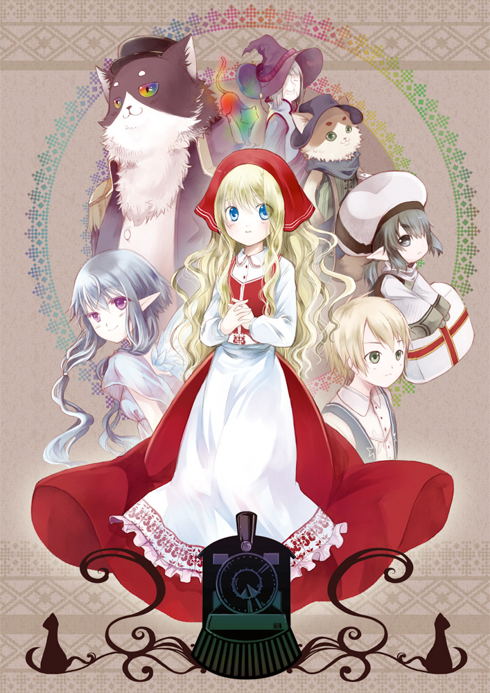 kaedena akino, miyabi akino, original, bad id, bad pixiv id, 2girls, 3boys, apron, black hair, blonde hair, blue eyes, blue hair, cat, green eyes, hat, long hair, multiple boys, multiple girls, pointy ears, purple eyes, train