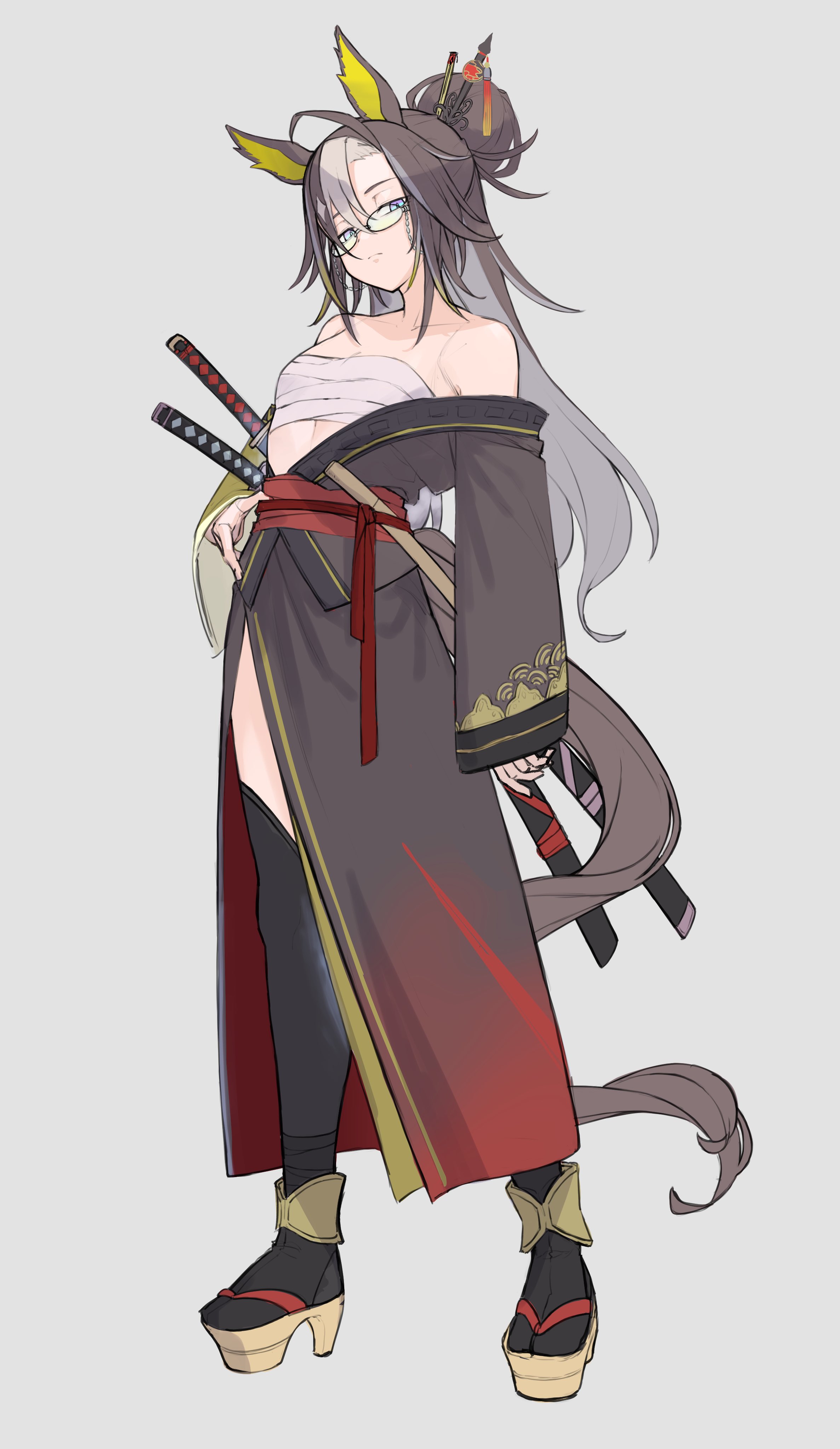 iam (tetsu0ekaki), dream journey (umamusume), umamusume, absurdres, highres, 1girl, ahoge, alternate costume, animal ears, bare shoulders, black hair, black thighhighs, blue eyes, breasts, brown hair, chest sarashi, closed mouth, eyewear strap, glasses, gradient clothes, gradient kimono, hair between eyes, hair bun, hair ornament, hair stick, horse ears, horse girl, horse tail, japanese clothes, katana, kimono, long hair, long sleeves, looking at viewer, multicolored hair, red sash, sandals, sarashi, sash, simple background, small breasts, solo, sword, tail, thighhighs, weapon, white hair