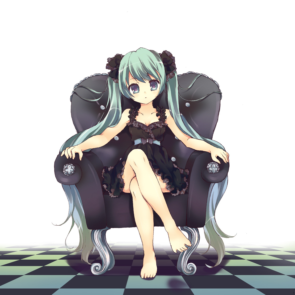maki (natoriumu), hatsune miku, vocaloid, bad id, bad pixiv id, highres, 1girl, aqua eyes, aqua hair, armchair, barefoot, black dress, chair, checkered floor, crossed legs, dress, feet, female focus, floor, hair ribbon, head tilt, long hair, looking at viewer, multicolored eyes, perspective, purple eyes, ribbon, short dress, sitting, solo, twintails, very long hair